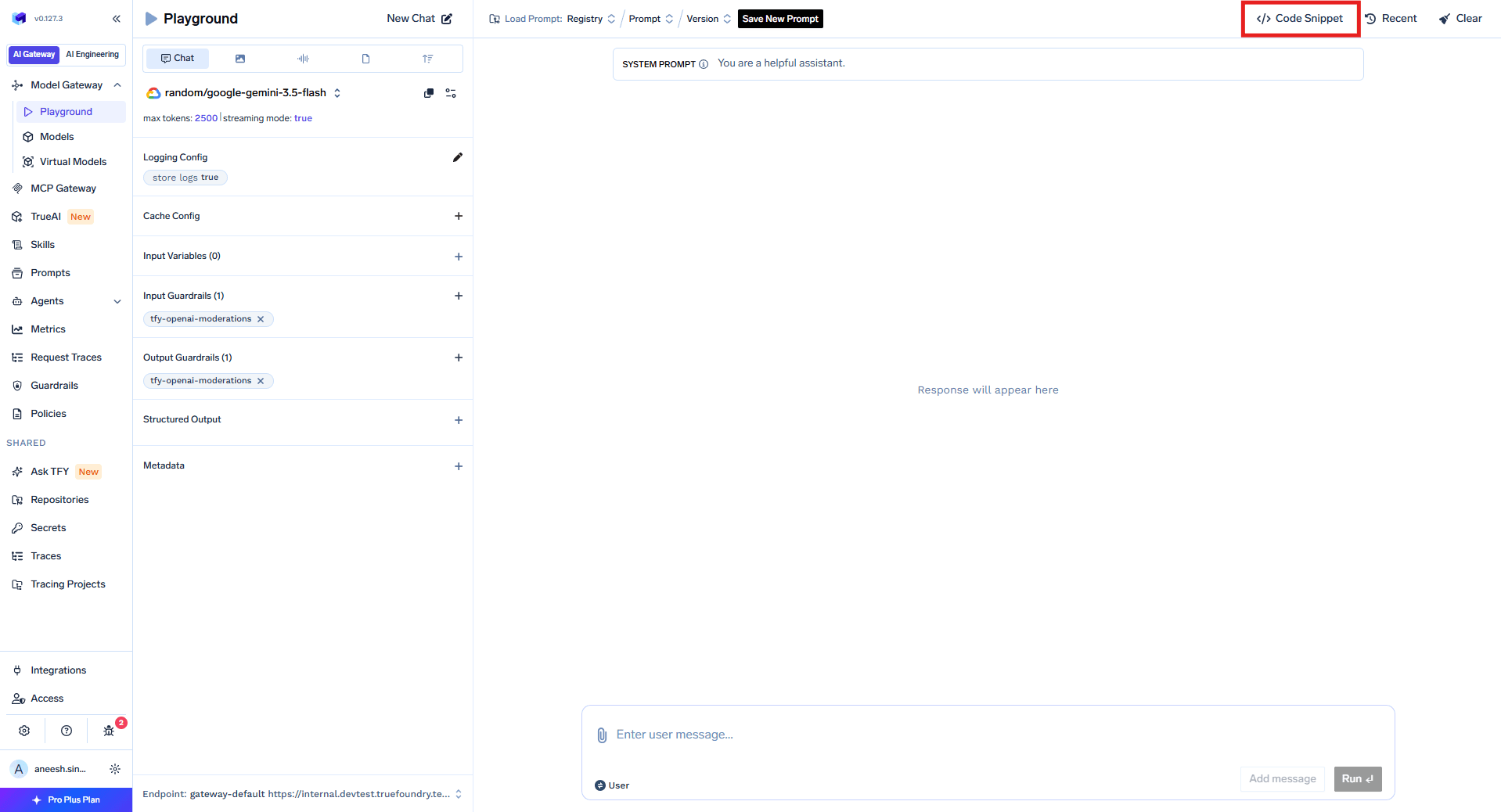 Code snippet section showing language options for implementing guardrails