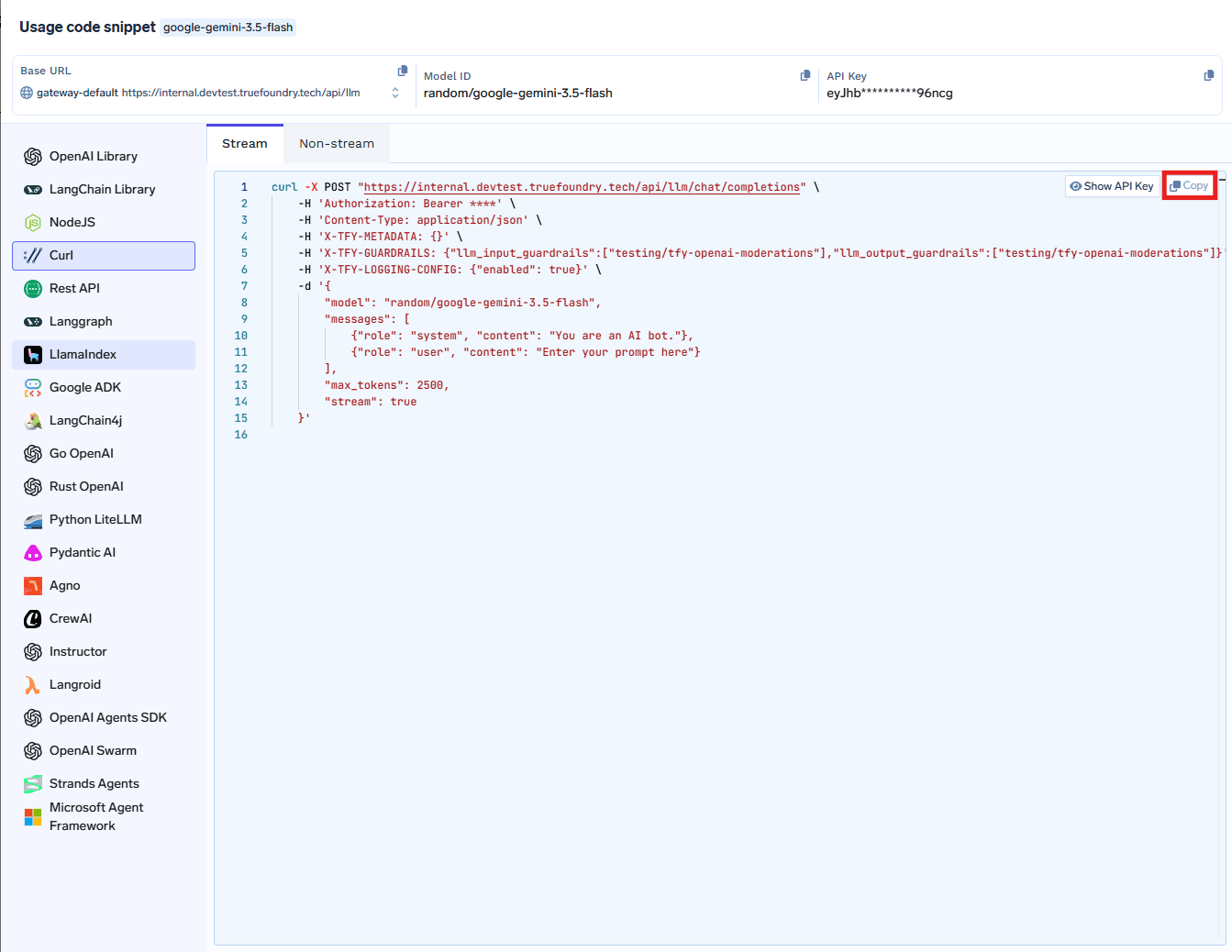 Curl command example with X-TFY-GUARDRAILS header for applying guardrails