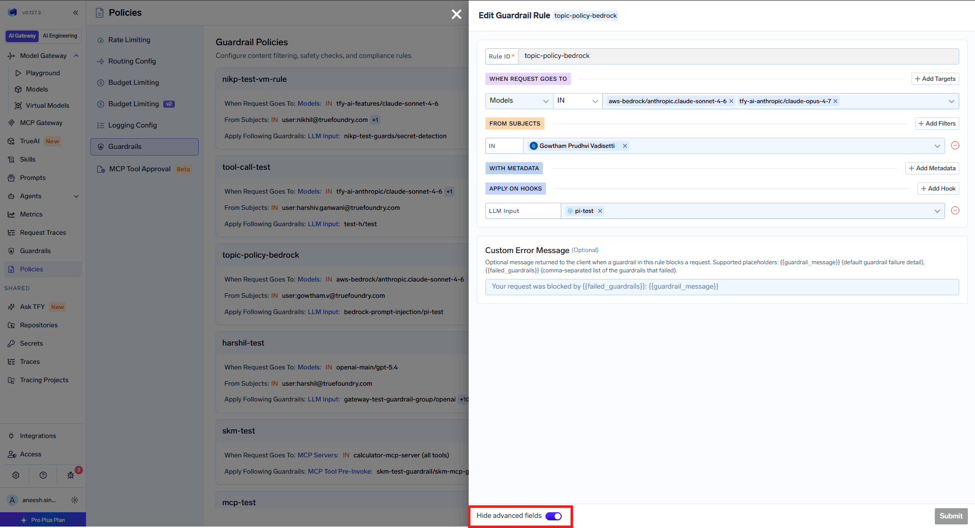 Guardrail rule editor with the Custom Error Message field showing supported placeholders and the advanced fields toggle highlighted