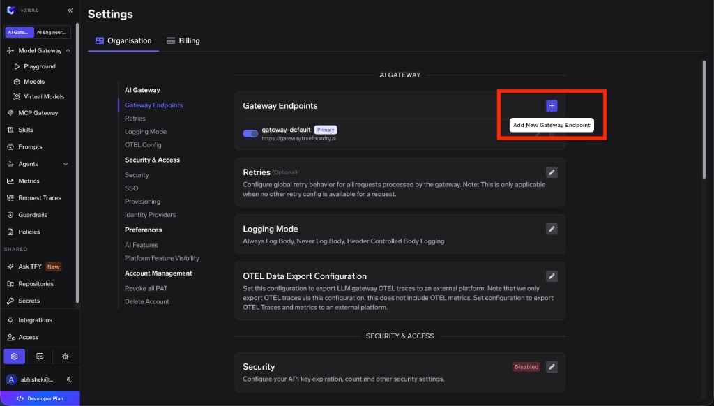 Settings page showing Gateway Endpoints with the Add New Gateway Endpoint button highlighted