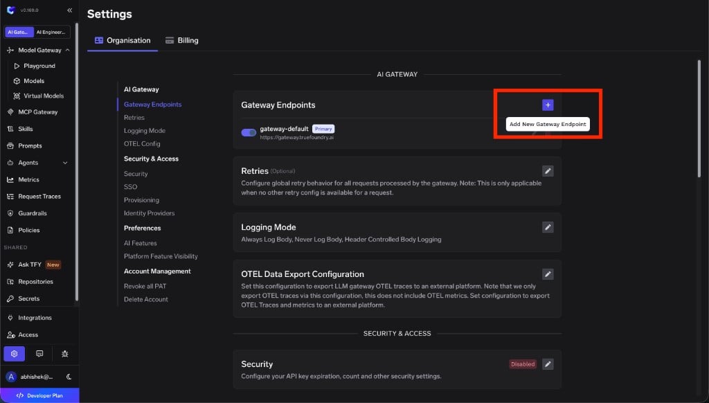 Settings page showing Gateway Endpoints with the Add New Gateway Endpoint button highlighted