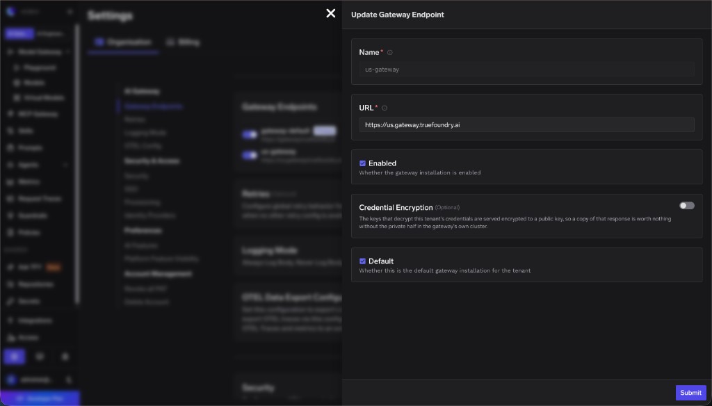 Update Gateway Endpoint form with name, URL, Enabled, and Default fields filled in for a US multi-regional endpoint