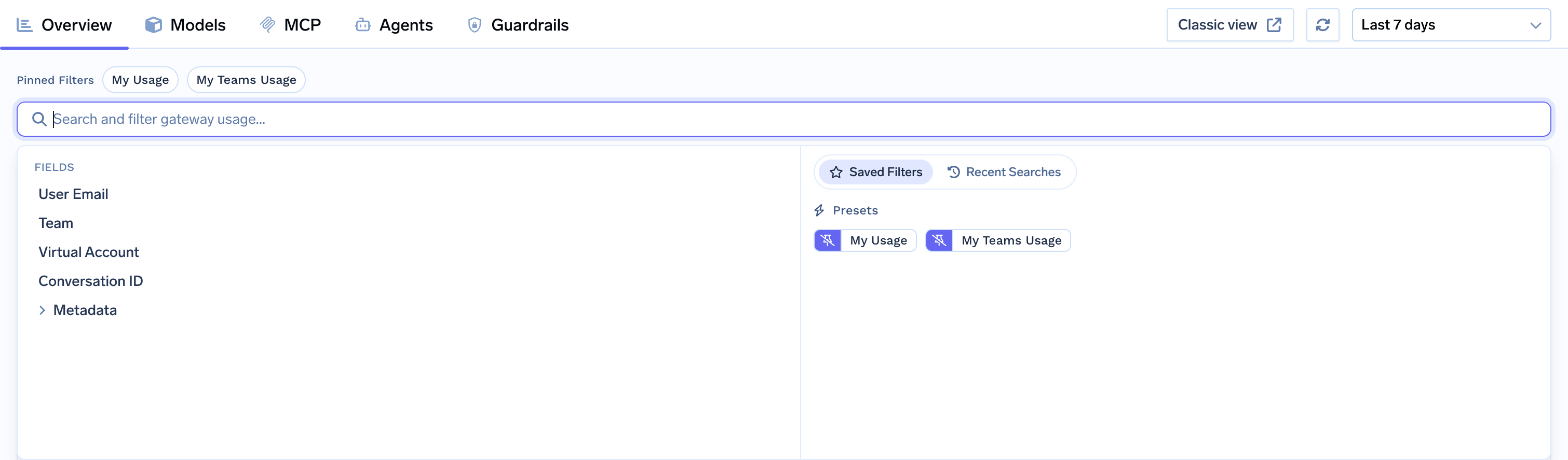Filter dropdown listing User Email, Team, Virtual Account, Conversation ID, and Metadata fields alongside saved filters and presets