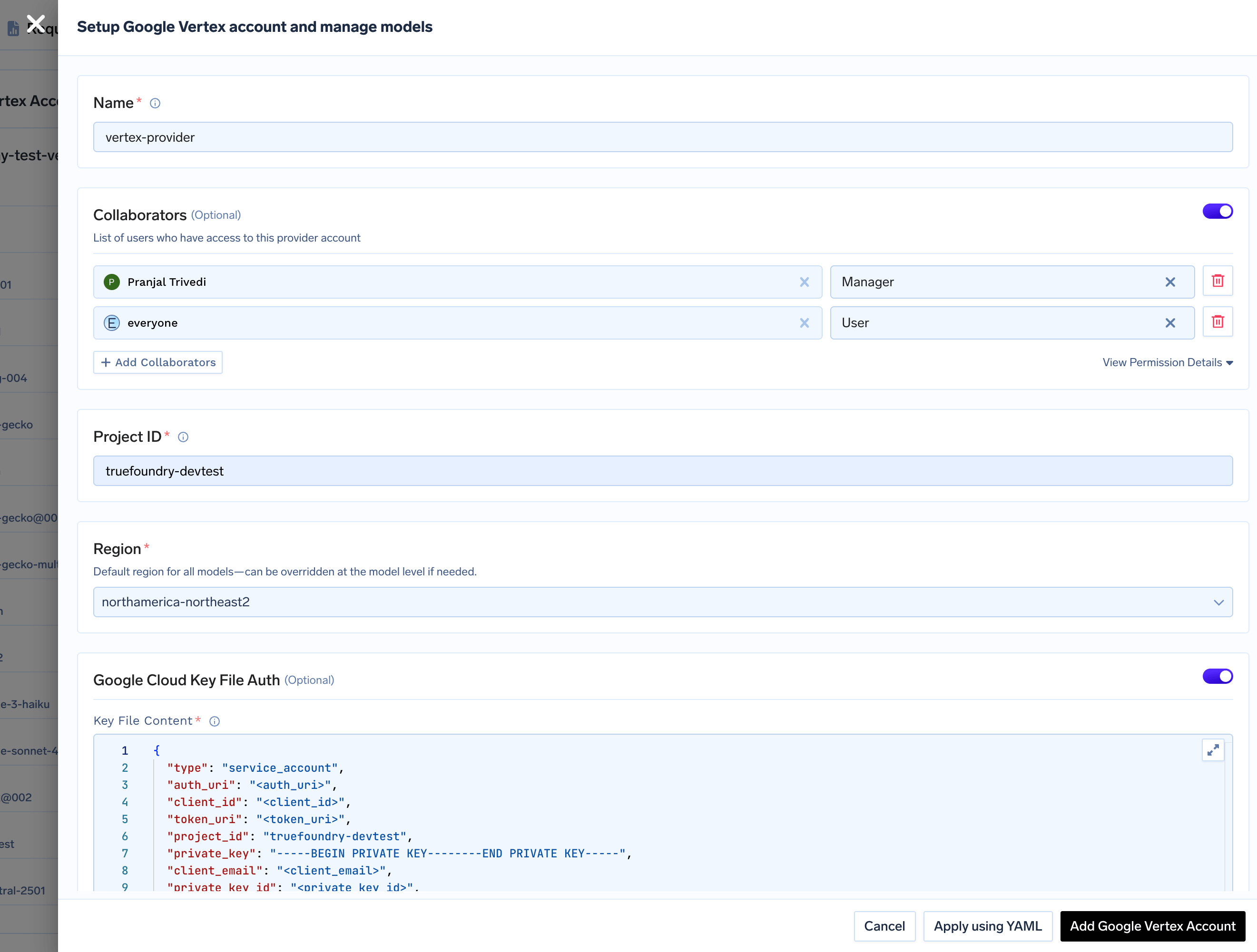Google Vertex account configuration form with fields for name, project ID, service account JSON, and region