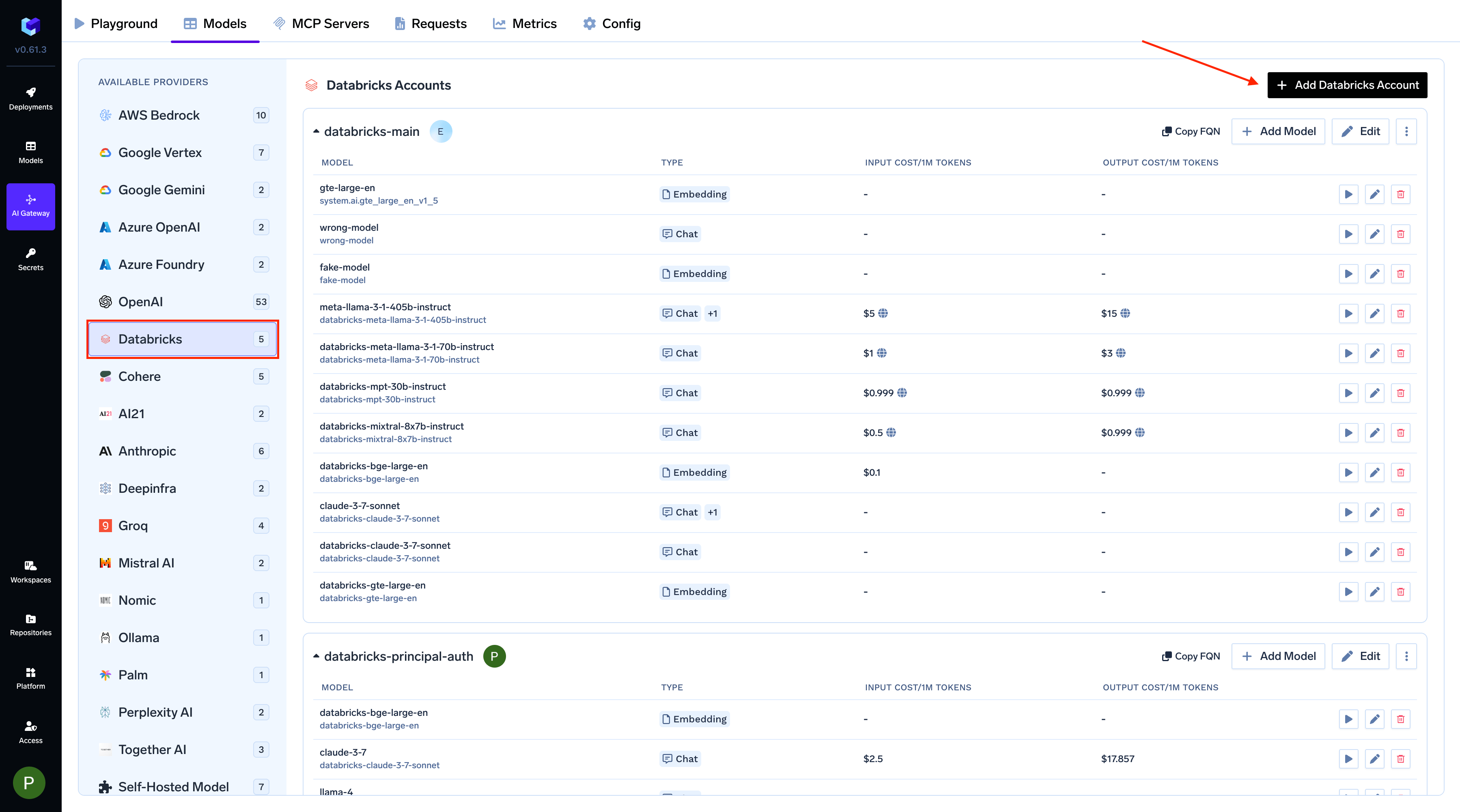 Navigating to Databricks Provider Account in AI Gateway