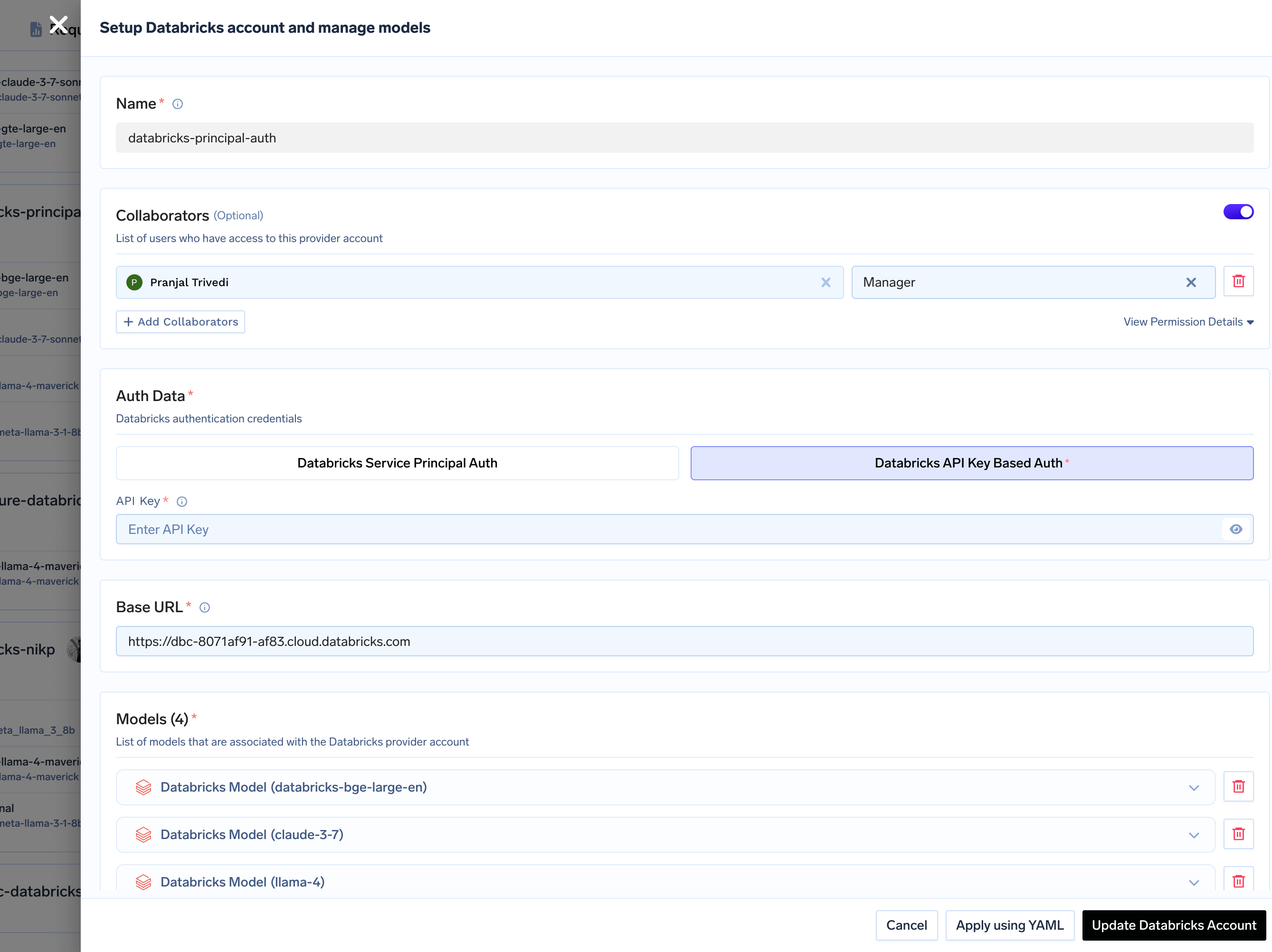 Databricks Account Configuration Form with PAT Field