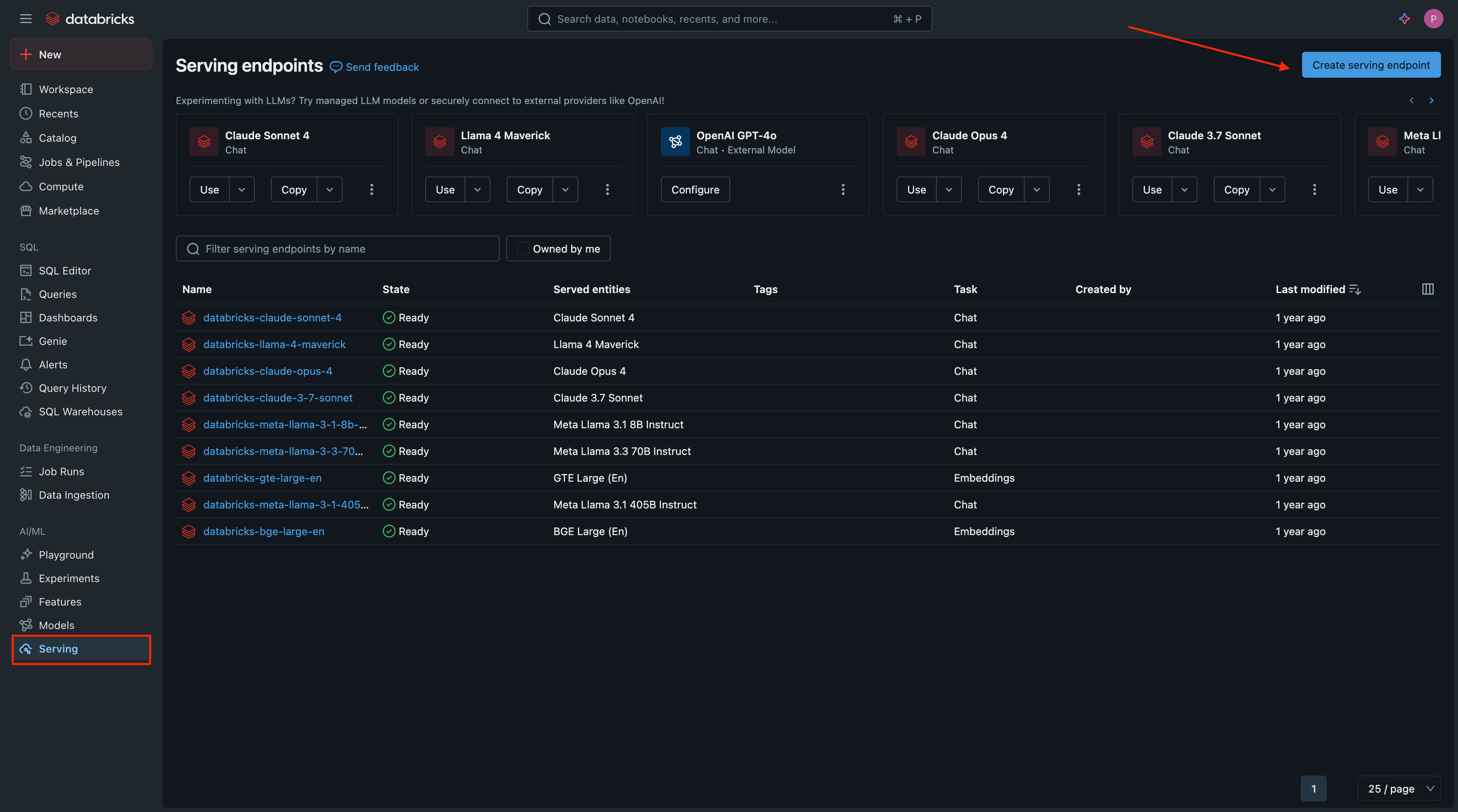 Databricks workspace interface showing the Serving option in the left sidebar menu