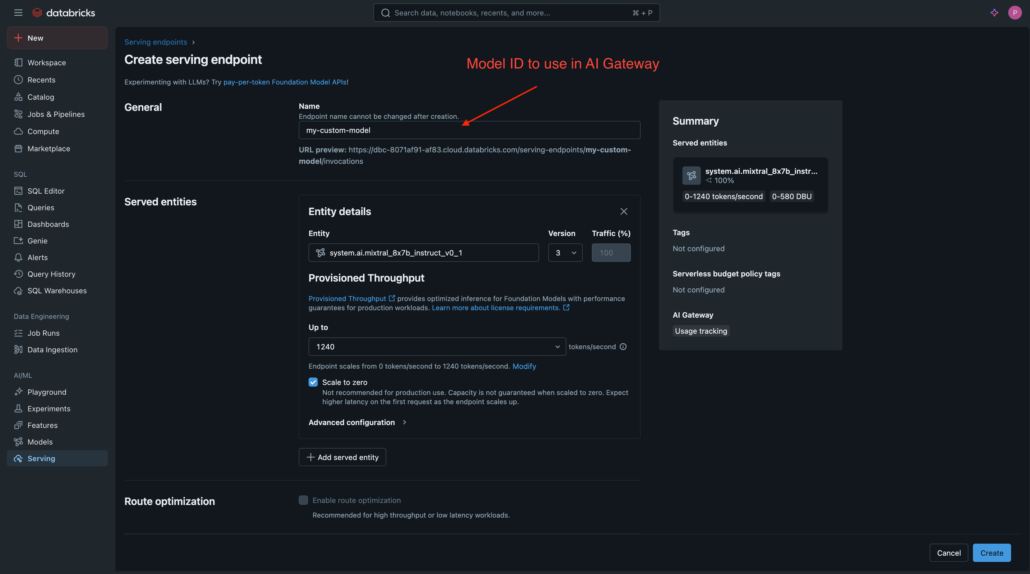 Databricks serving endpoint configuration form with fields for endpoint name and model selection