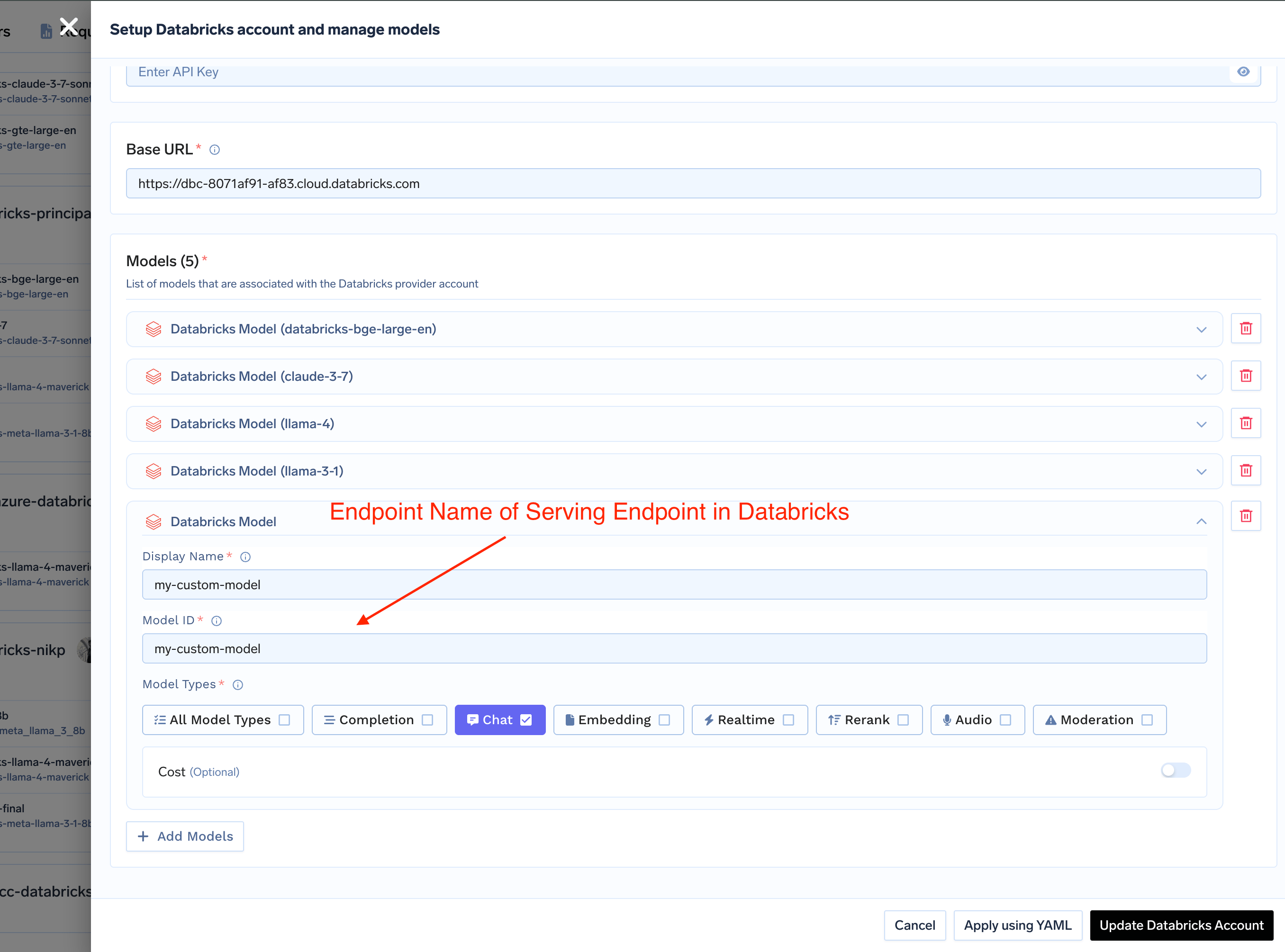 Databricks model configuration form in TrueFoundry with display name and model ID fields