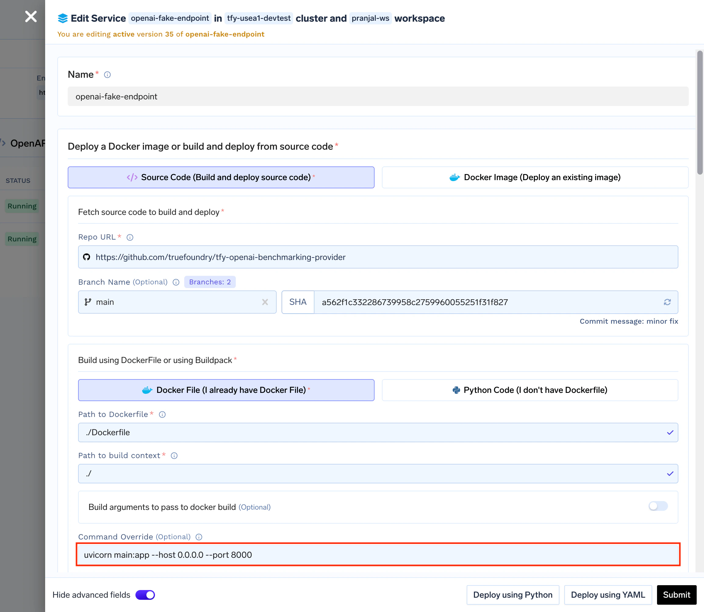 Service deployment configuration panel showing environment variable settings for TOKEN_COUNT and LATENCY