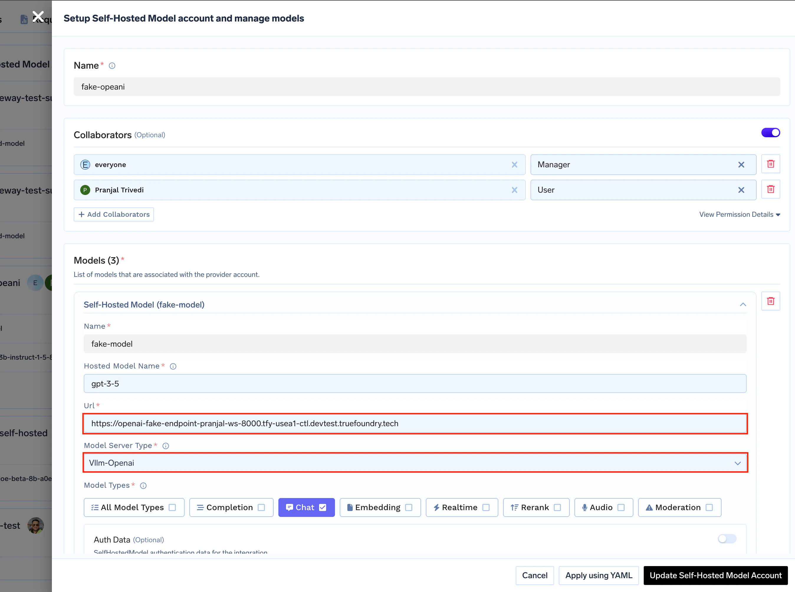 Model configuration form with fields for model type, base URL, and display name