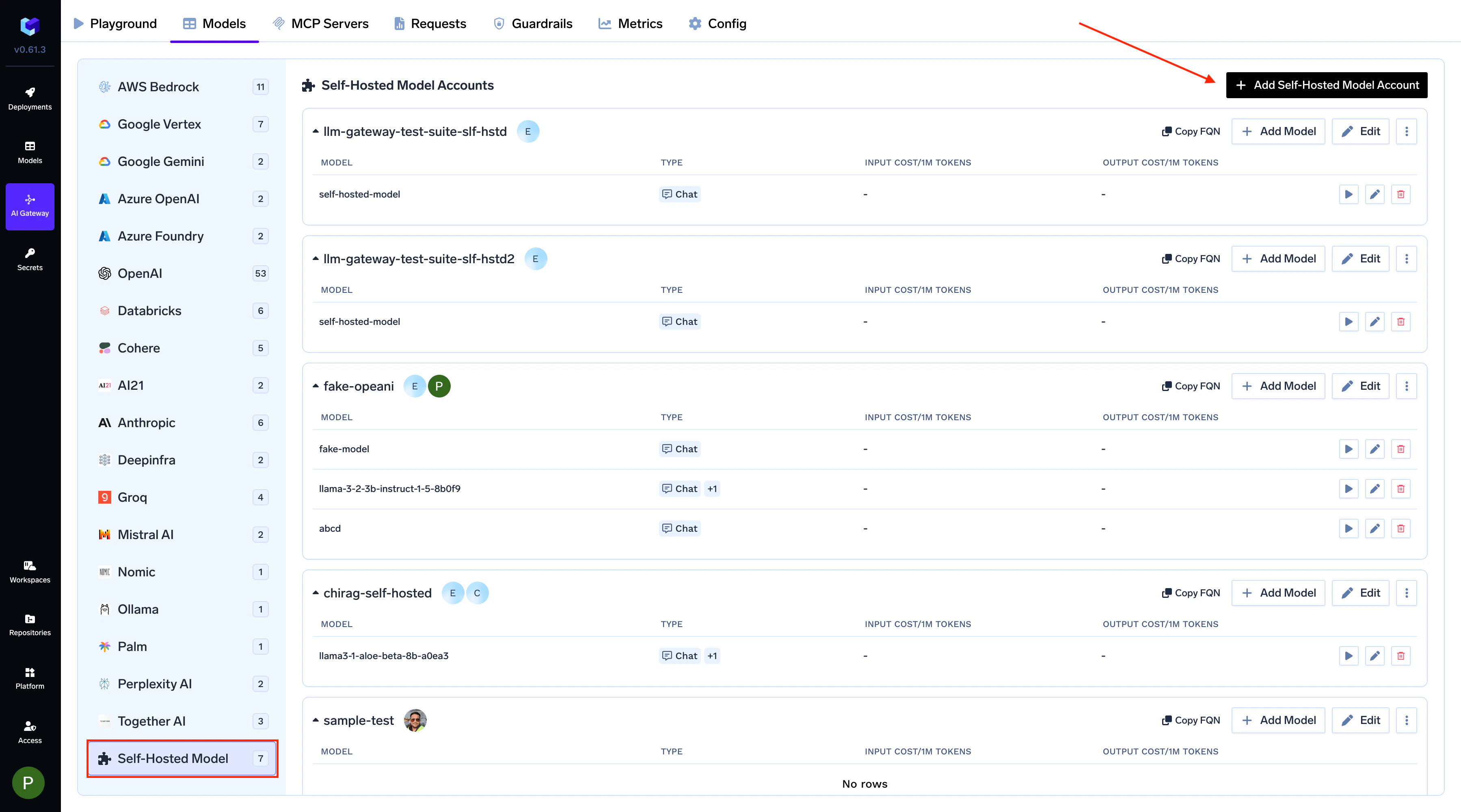 TrueFoundry AI Gateway interface showing Self Hosted Models provider selection