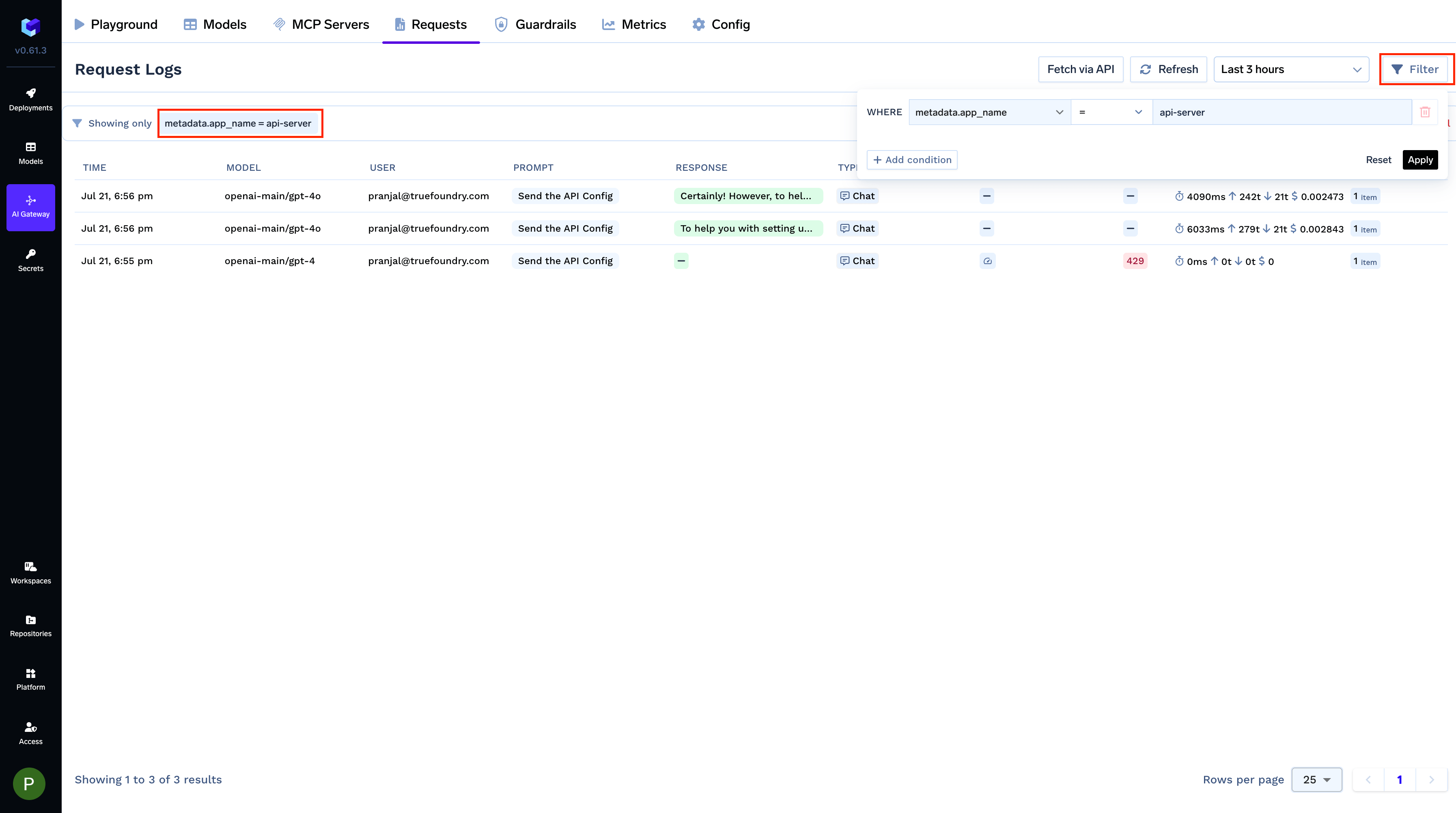 TrueFoundry dashboard showing how to filter requests using custom metadata keys