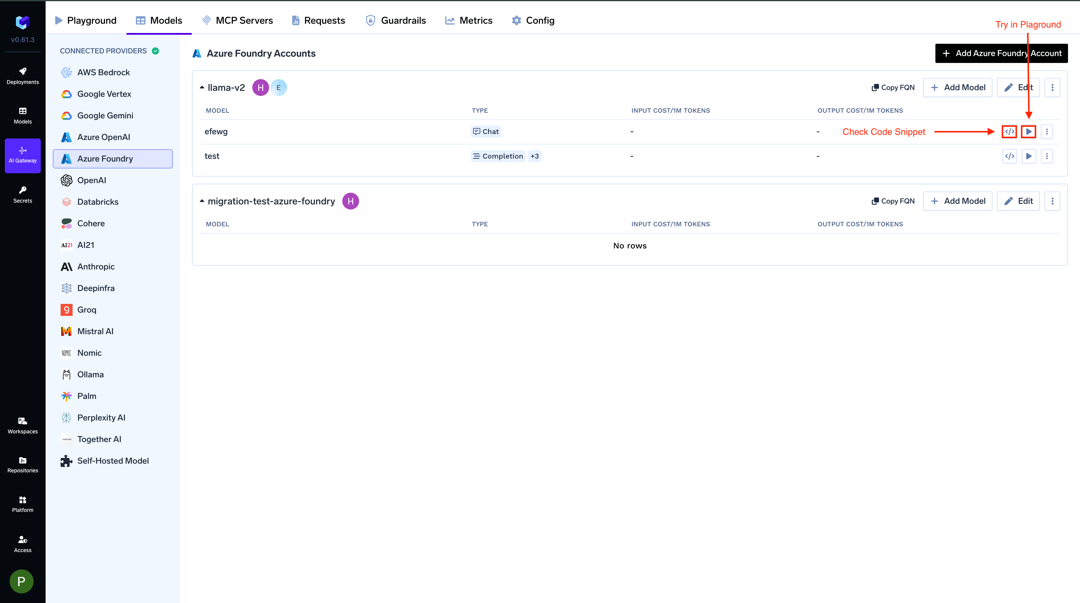 Code Snippet and Try in Playgroud Buttons for each model