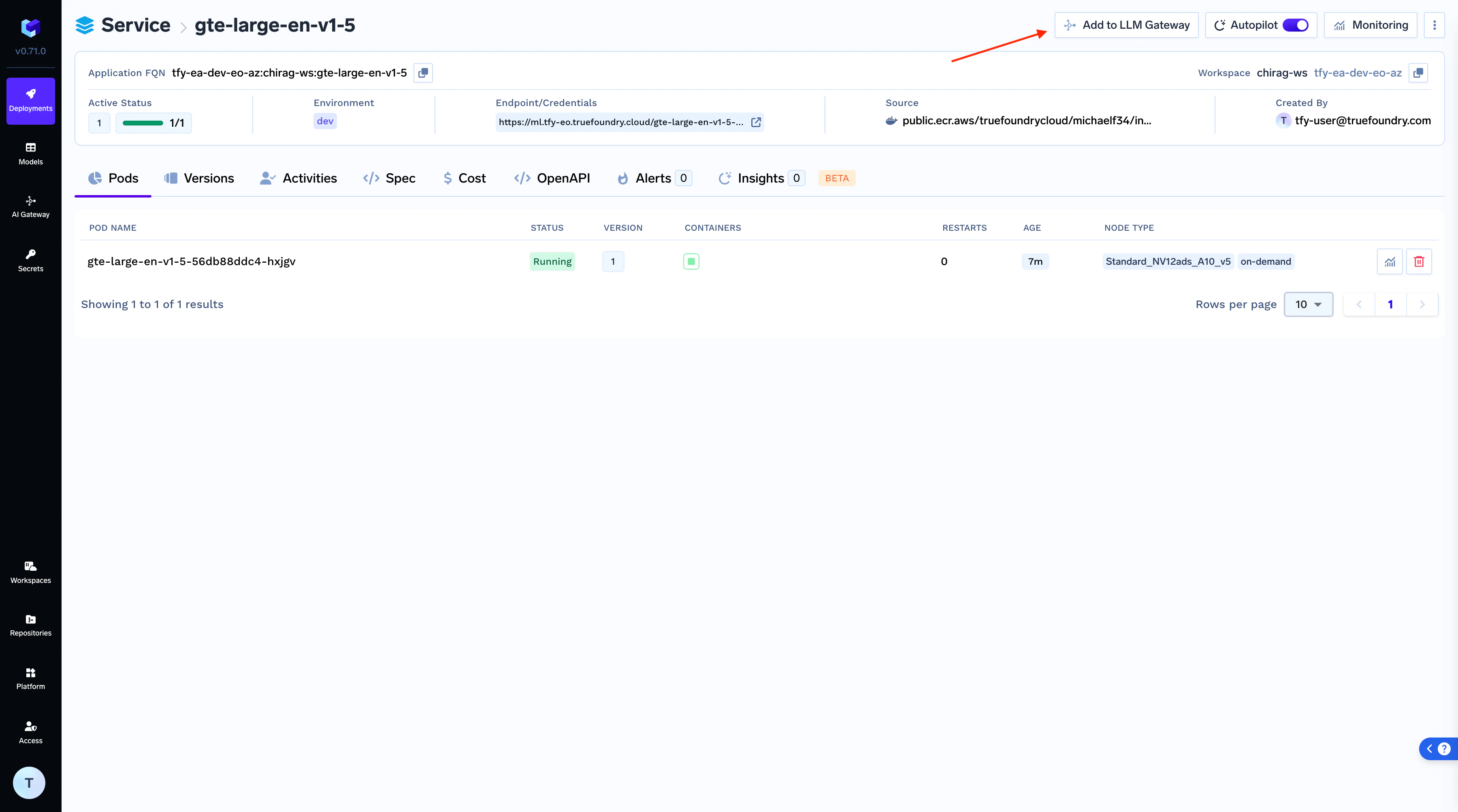 Deployment page with Add to Gateway button highlighted