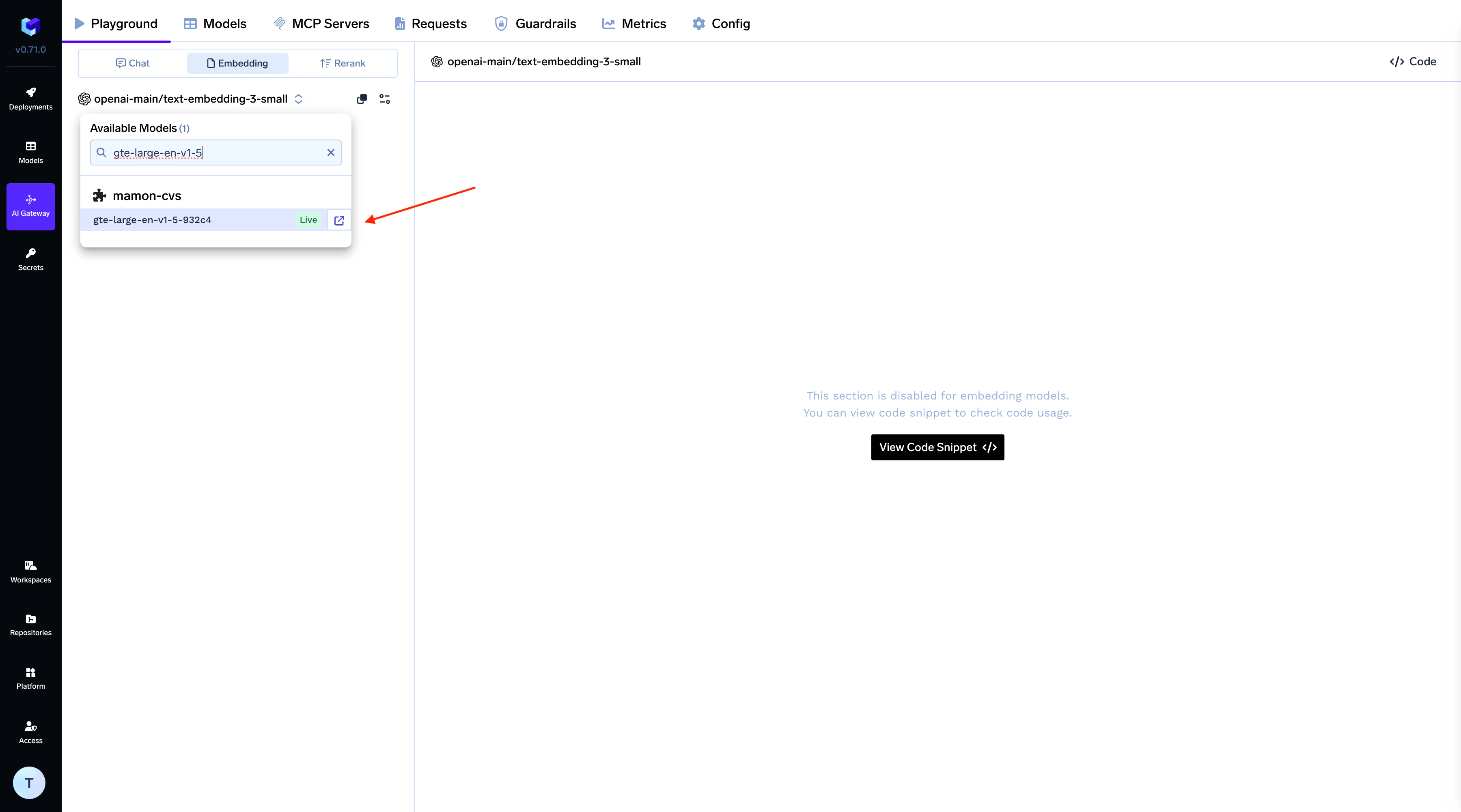AI Gateway dashboard showing the newly added model with active status