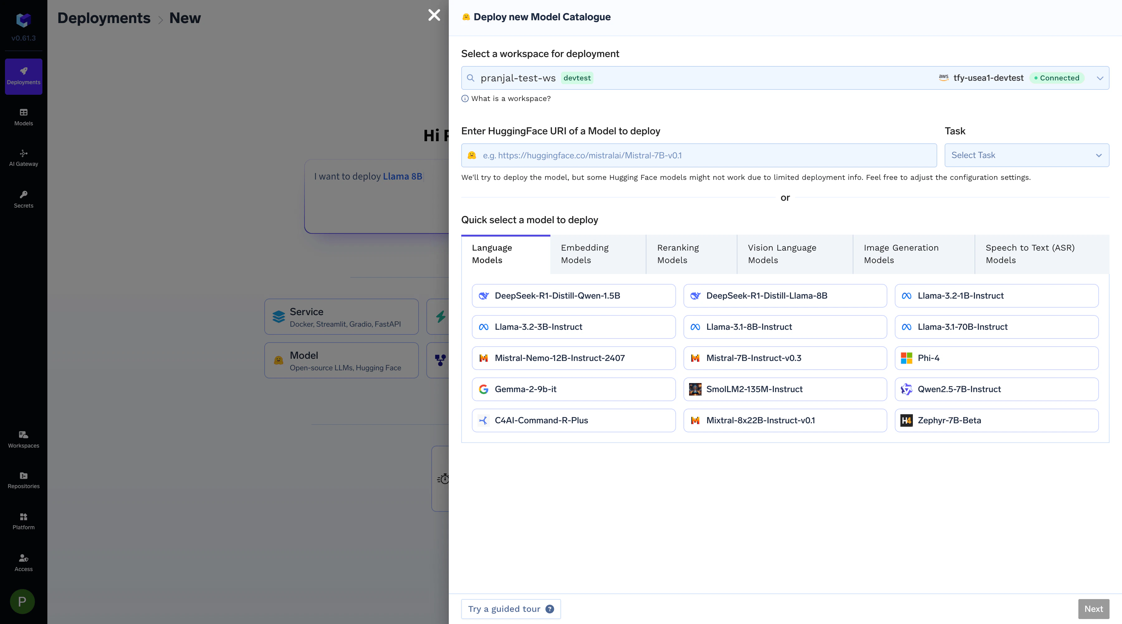 Model catalogue interface showing available LLM models for deployment