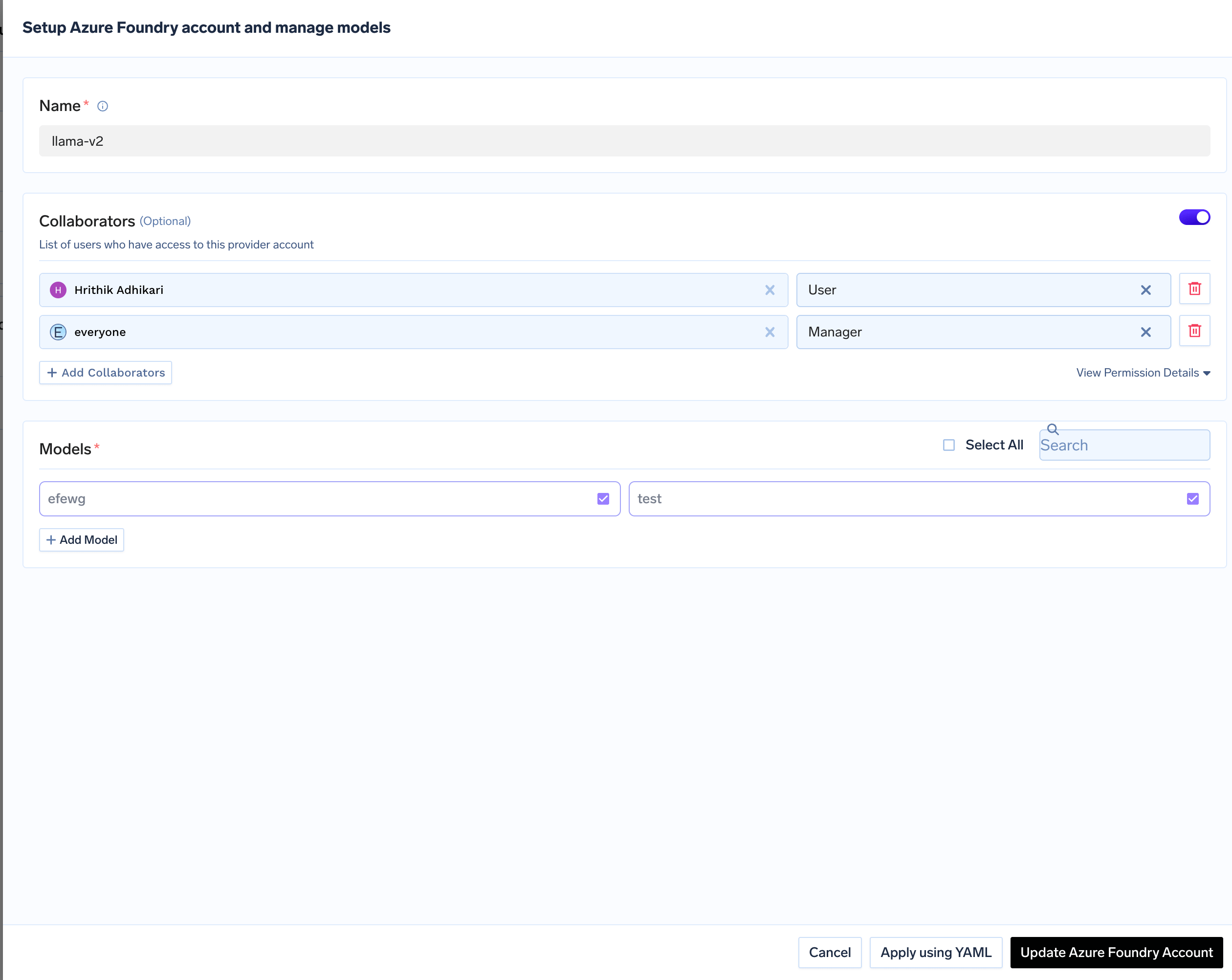 Azure AI Foundry account configuration form with API key and collaborator fields