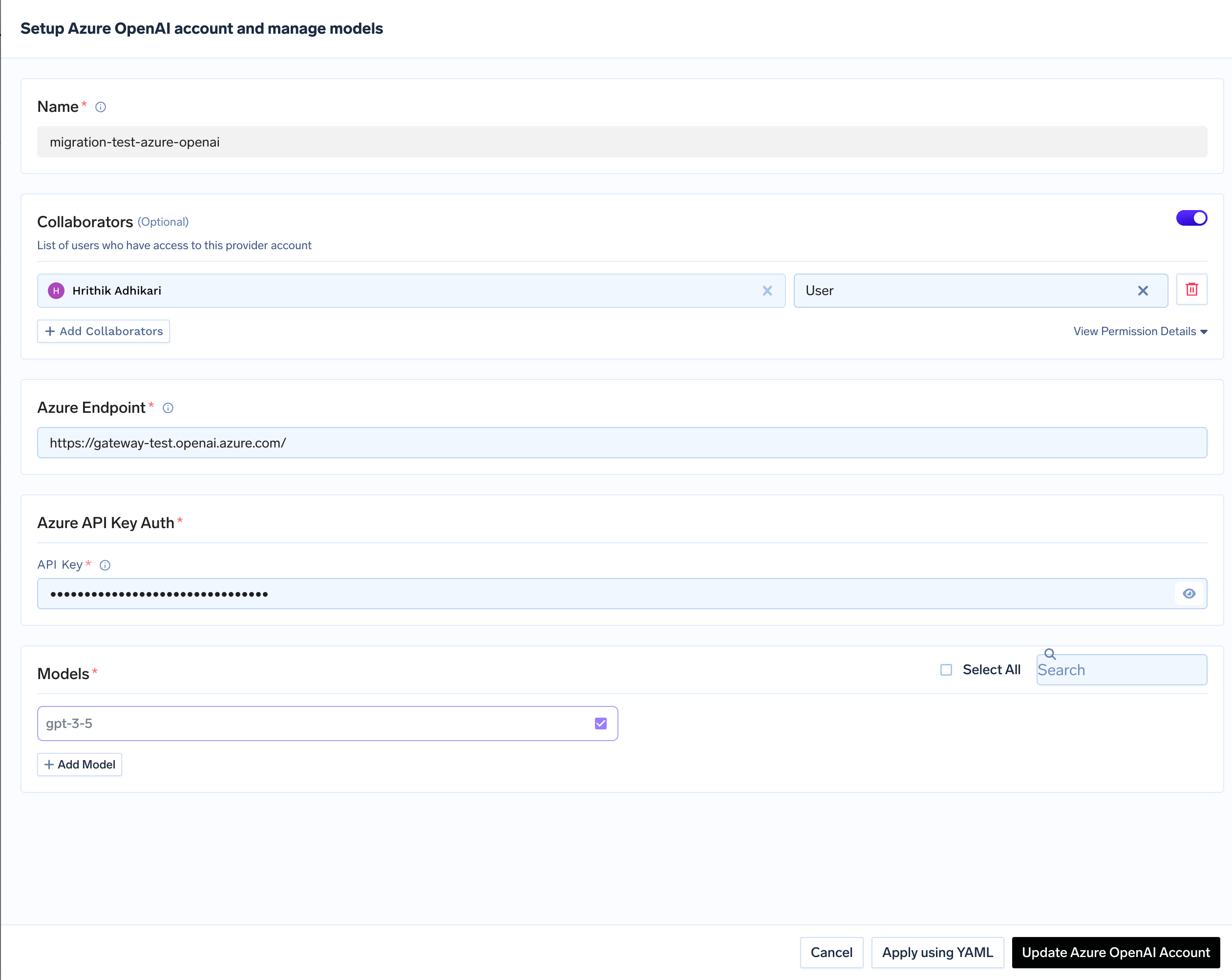Azure OpenAI account configuration form with fields for API key and collaborators