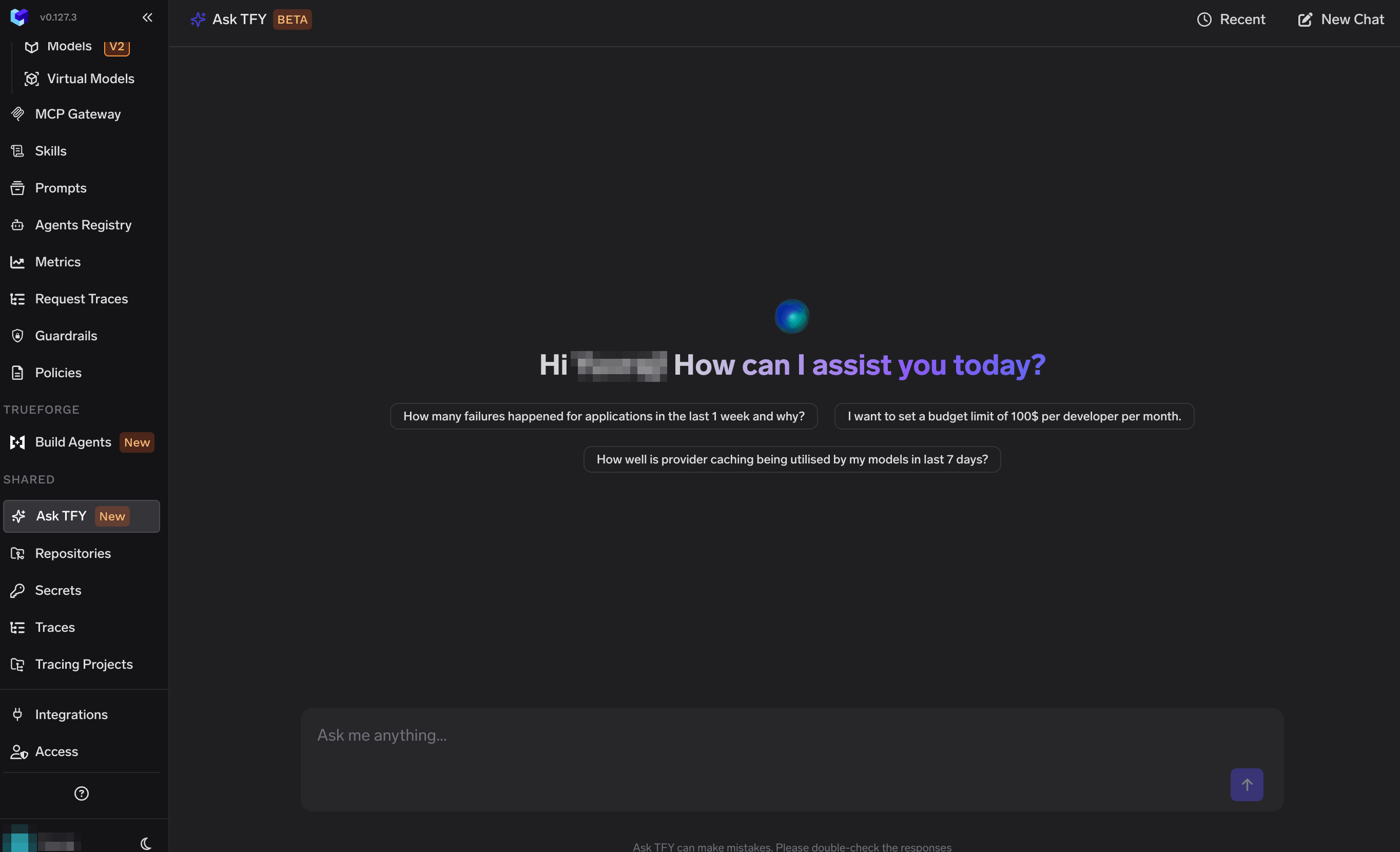 TrueFoundry portal with the Ask TFY entry highlighted in the left sidebar