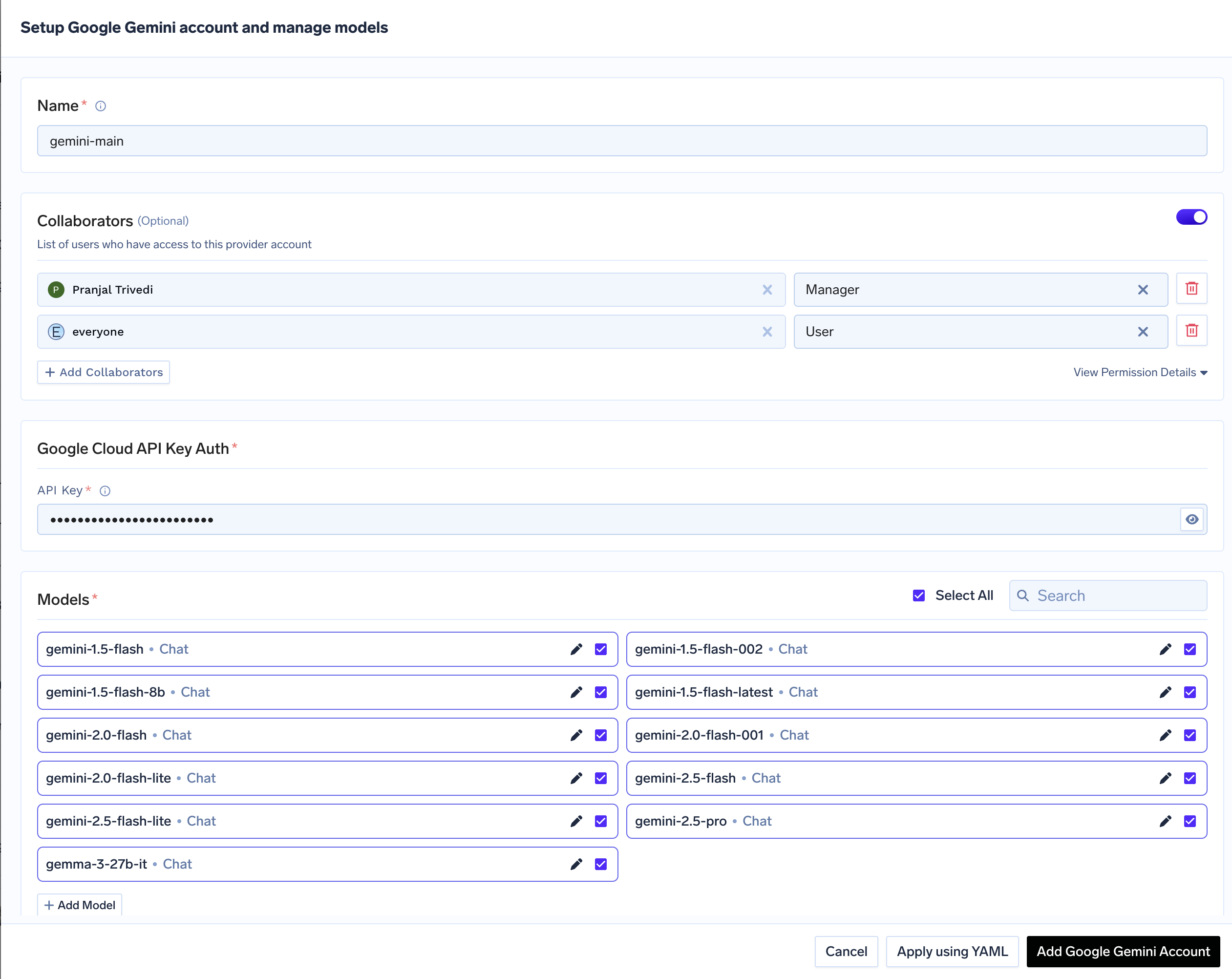 Google Gemini account configuration form with fields for API key and collaborators