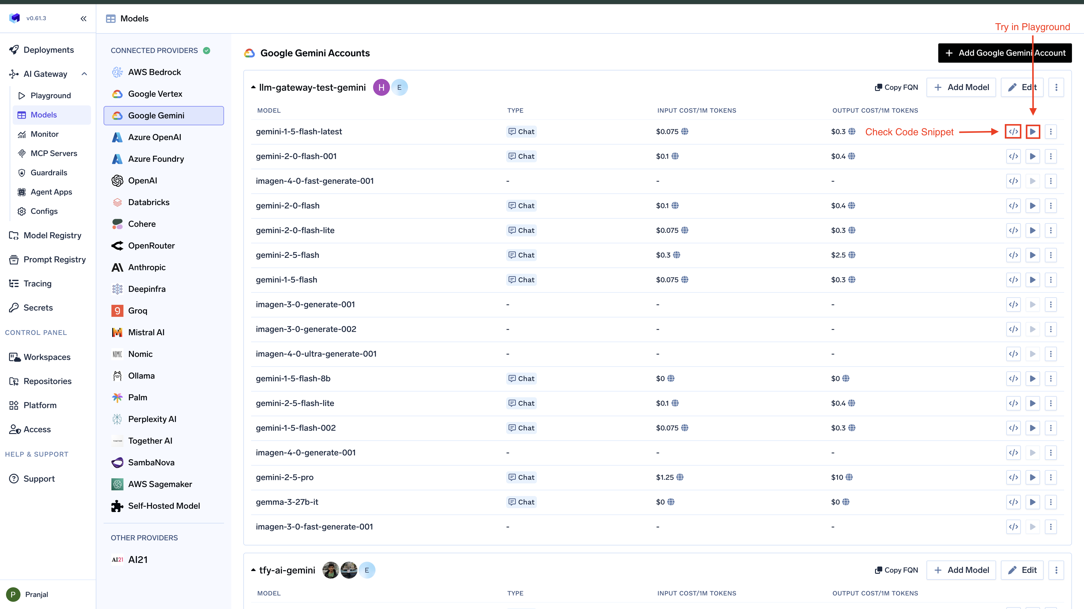 Code Snippet and Try in Playgroud Buttons for each model