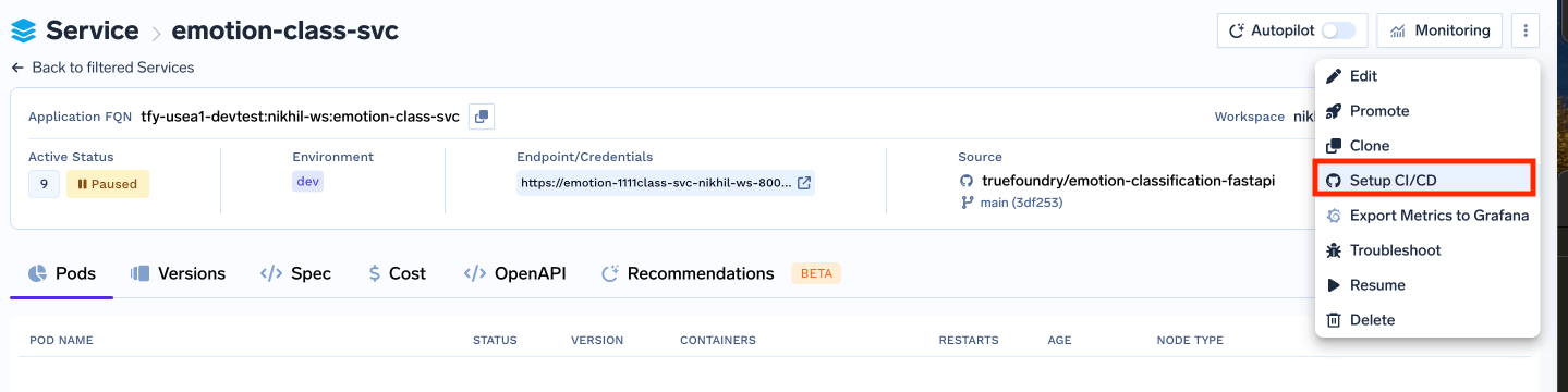 Setup CI/CD button with provider selection options