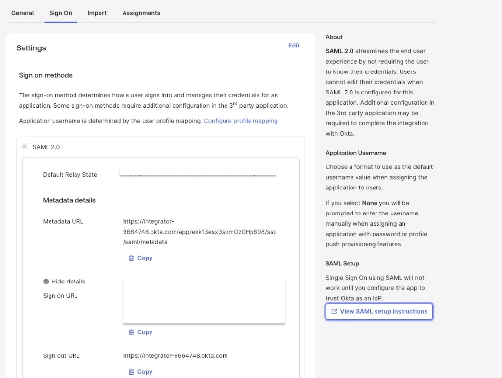 Okta Sign On tab with View SAML setup instructions button highlighted in the SAML Setup section on the right sidebar