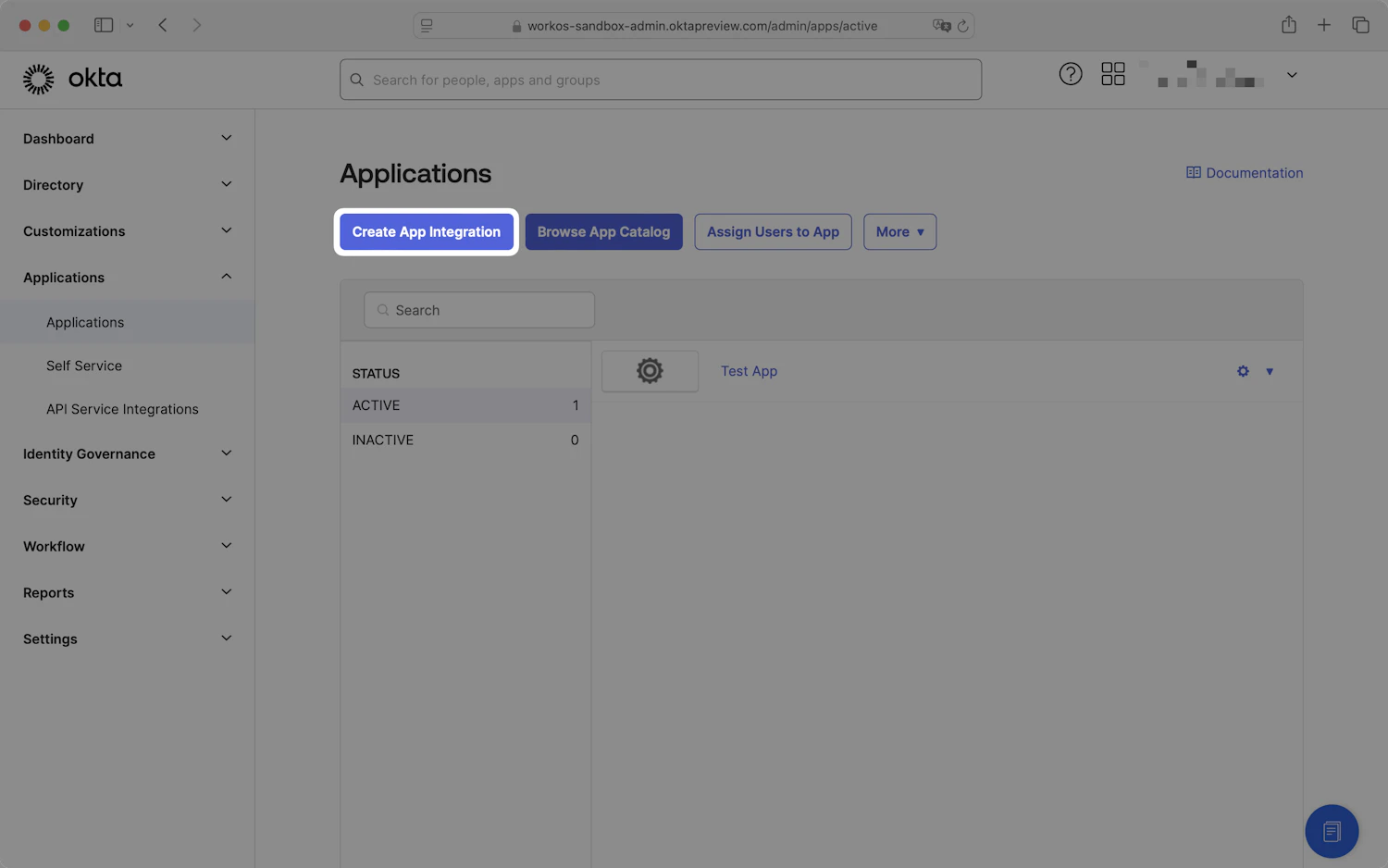 Okta Applications listing with the Create App Integration button highlighted