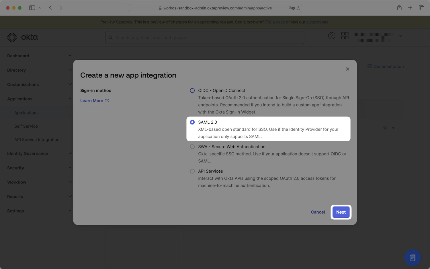 Okta Create a new app integration dialog with SAML 2.0 selected
