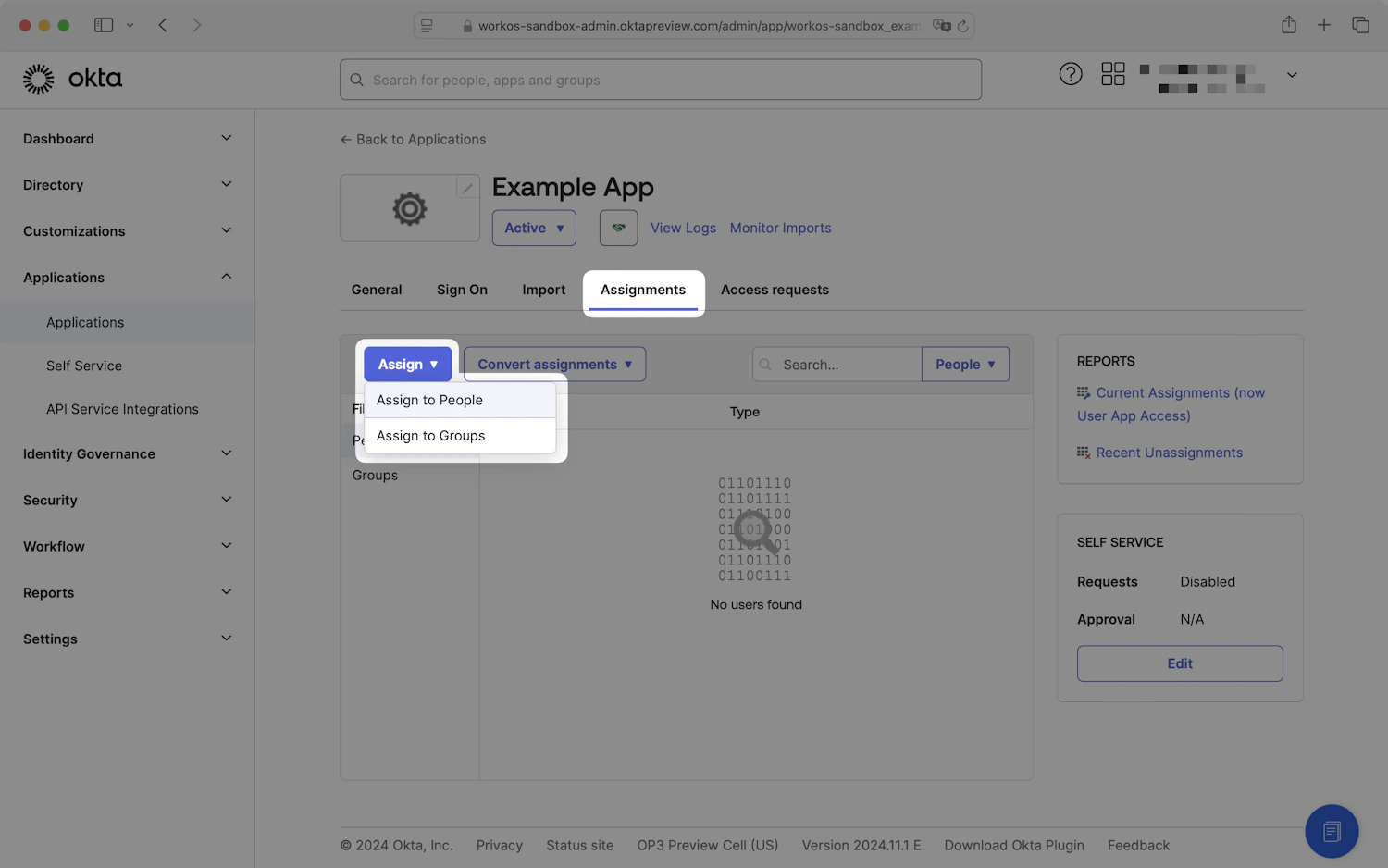 Okta application Assignments tab with the Assign dropdown expanded showing Assign to People and Assign to Groups