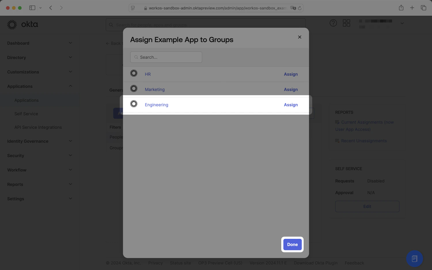 Okta Assign to Groups dialog listing HR, Marketing, and Engineering with an Assign action next to each