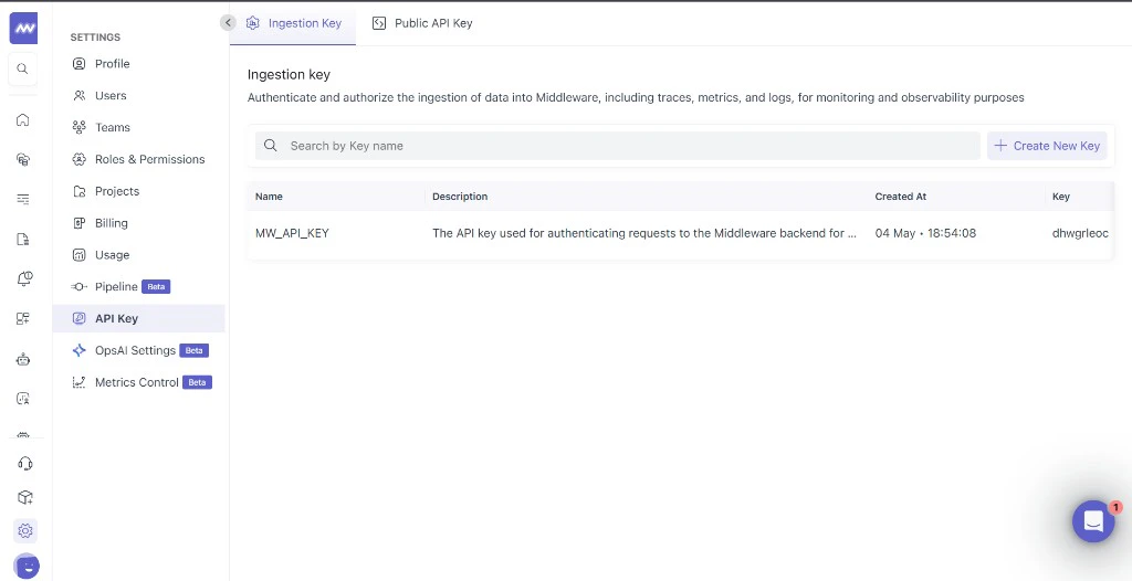Middleware Settings with Ingestion key tab and API key list including Create New Key