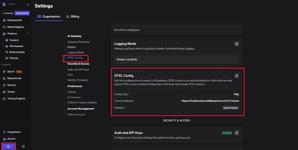 TrueFoundry AI Engineering and Settings navigation to Organisation OTEL Config with Middleware traces endpoint and authorization header