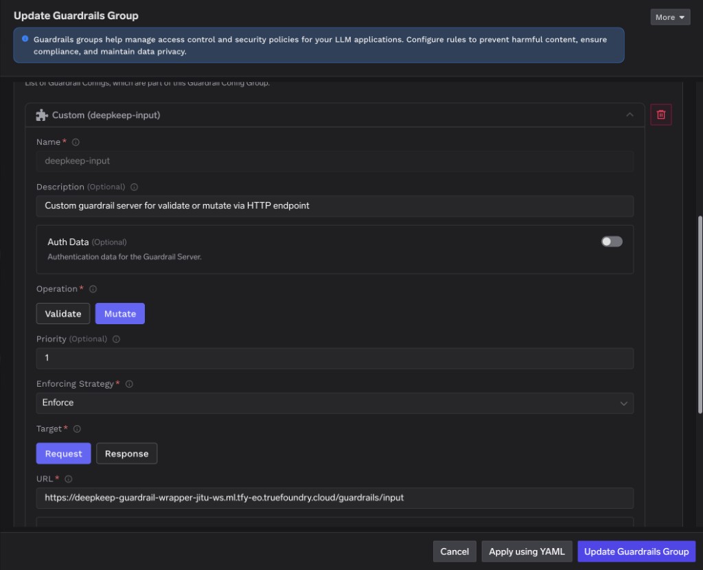 TrueFoundry Custom Guardrail form for deepkeep-input with Mutate selected, Target set to Request, Enforcing Strategy set to Enforce, and the wrapper /guardrails/input URL