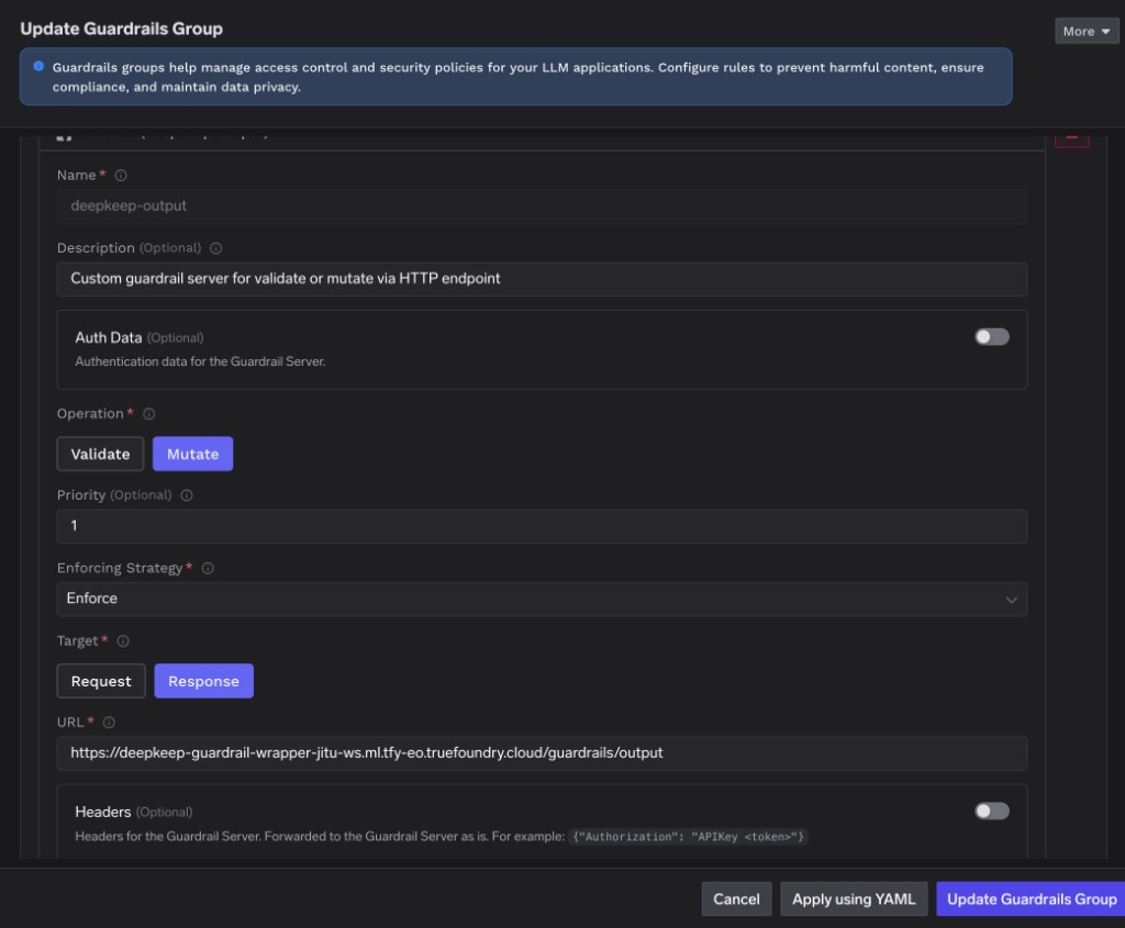 TrueFoundry Custom Guardrail form for deepkeep-output with Mutate selected, Target set to Response, Enforcing Strategy set to Enforce, and the wrapper /guardrails/output URL