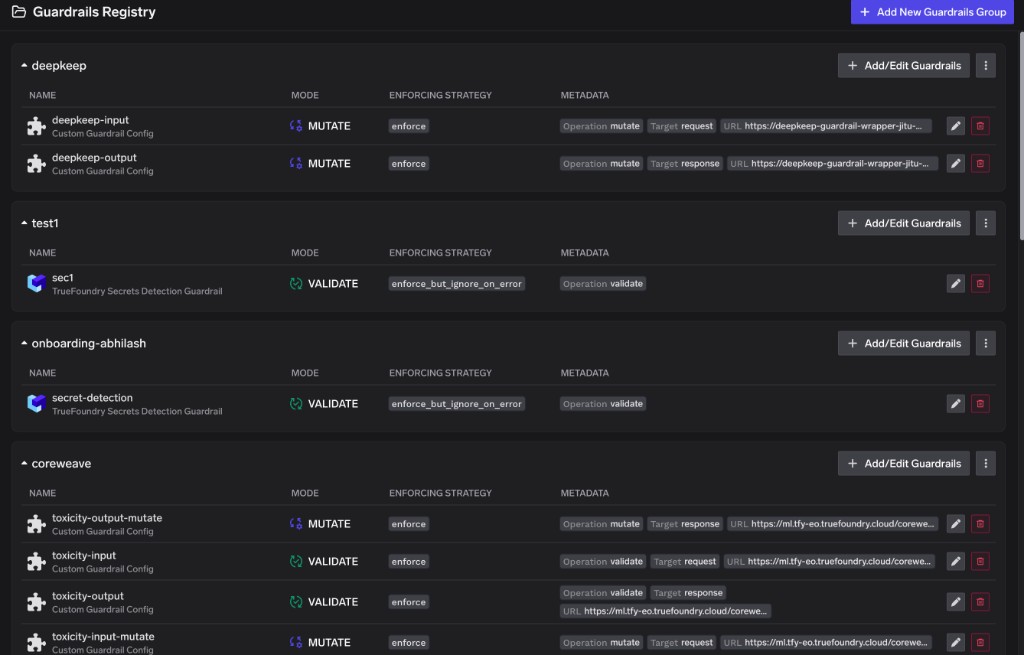 TrueFoundry Guardrails Registry showing the deepkeep group with deepkeep-input targeting request and deepkeep-output targeting response, both on Mutate and Enforce