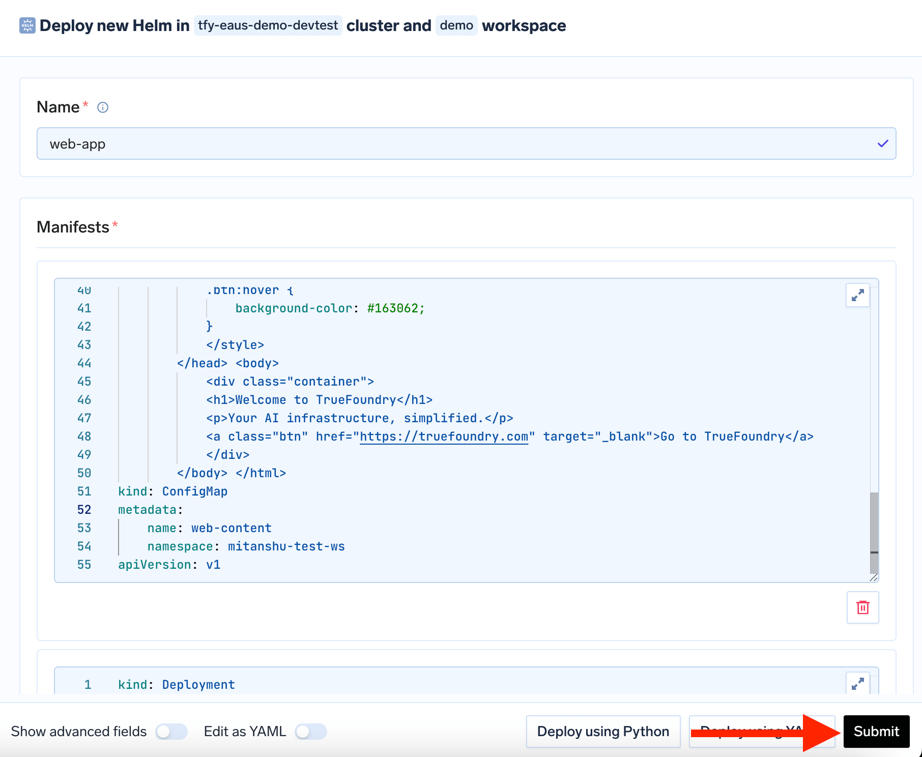 K8s manifest configuration page with YAML editor