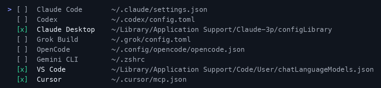 Installed-agent checklist with Claude Desktop, VS Code, and Cursor selected together