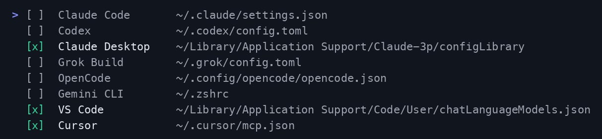 Installed-agent checklist with Claude Desktop, VS Code, and Cursor selected together