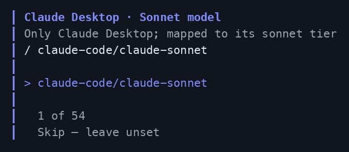 Claude Desktop model picker with the saved tier choice prefilled