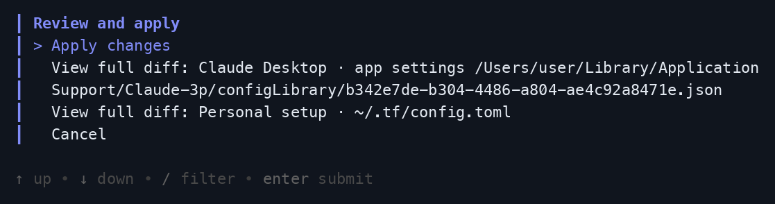 Review screen with Apply changes, View full diff, and Cancel options