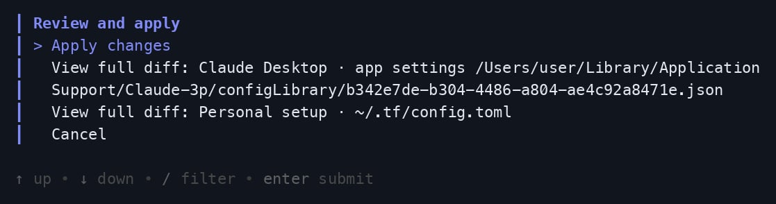 Review screen with Apply changes, View full diff, and Cancel options