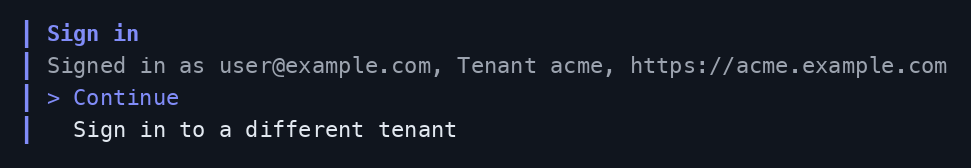 Returning-user sign-in screen with Continue and Sign in to a different tenant options
