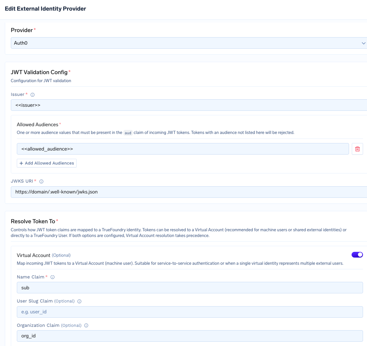 Edit External Identity Provider form with Provider set to Auth0 and Resolve Token To Virtual Account showing Name Claim and Organization Claim