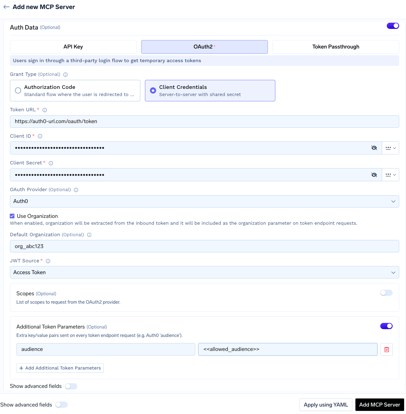 Add new MCP Server form with Auth Data set to OAuth2 Client Credentials, OAuth Provider Auth0, Use Organization enabled, Default Organization org_abc123, JWT Source Access Token, and an audience entry under Additional Token Parameters