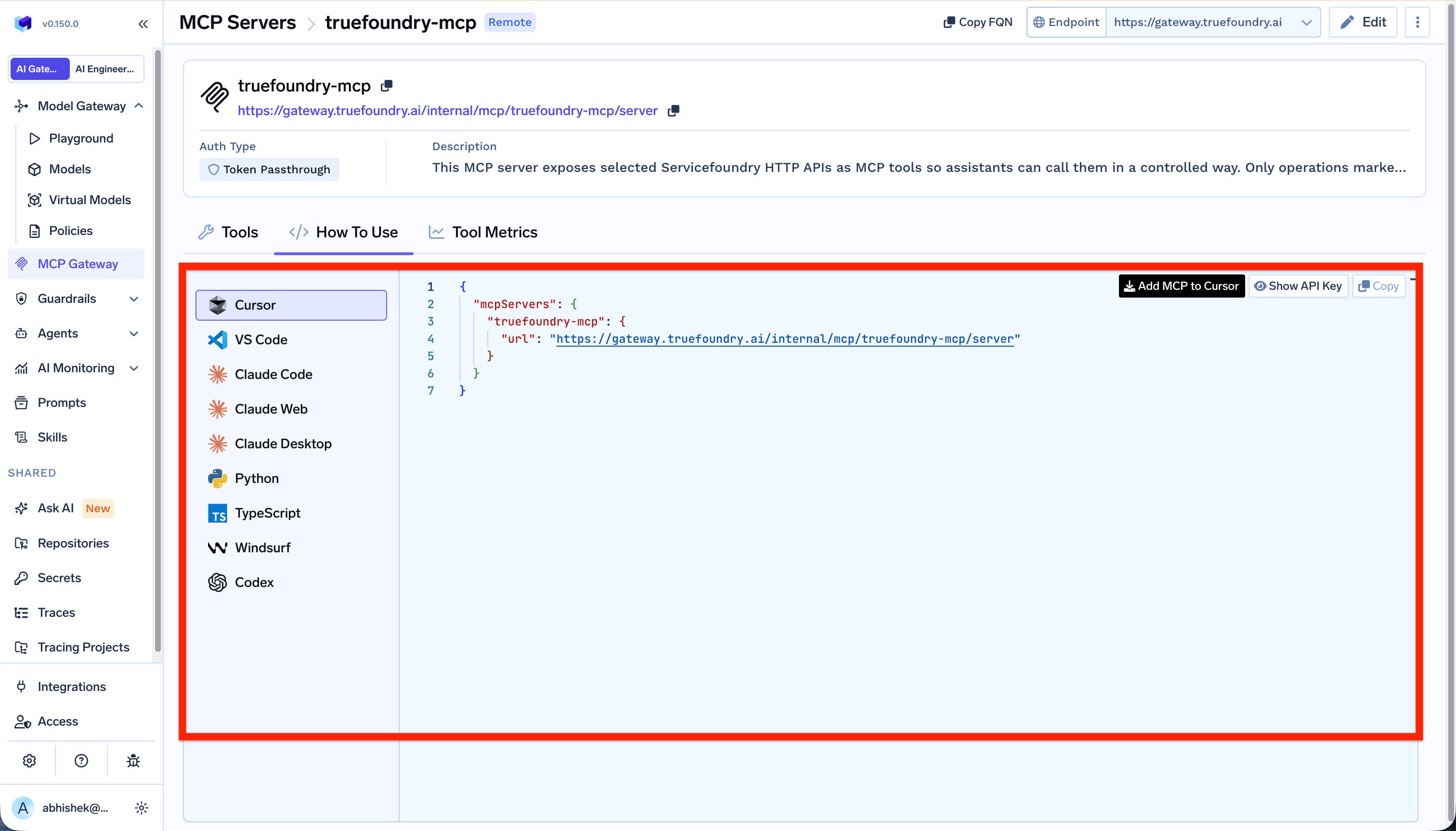 The How To Use tab on an MCP server page showing the Gateway URL and IDE connection instructions