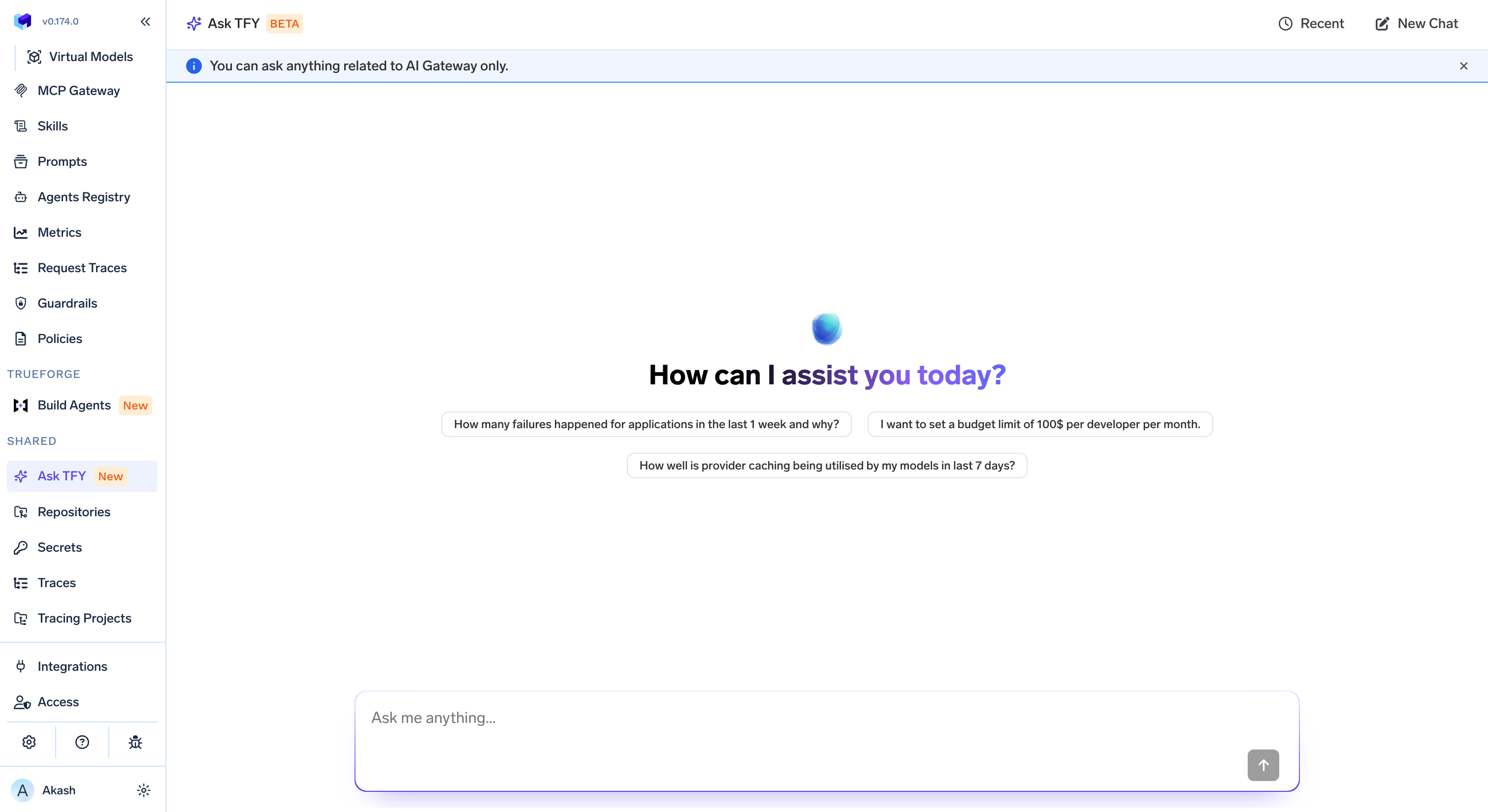 TrueFoundry dashboard sidebar with Ask TFY highlighted under the Shared section.