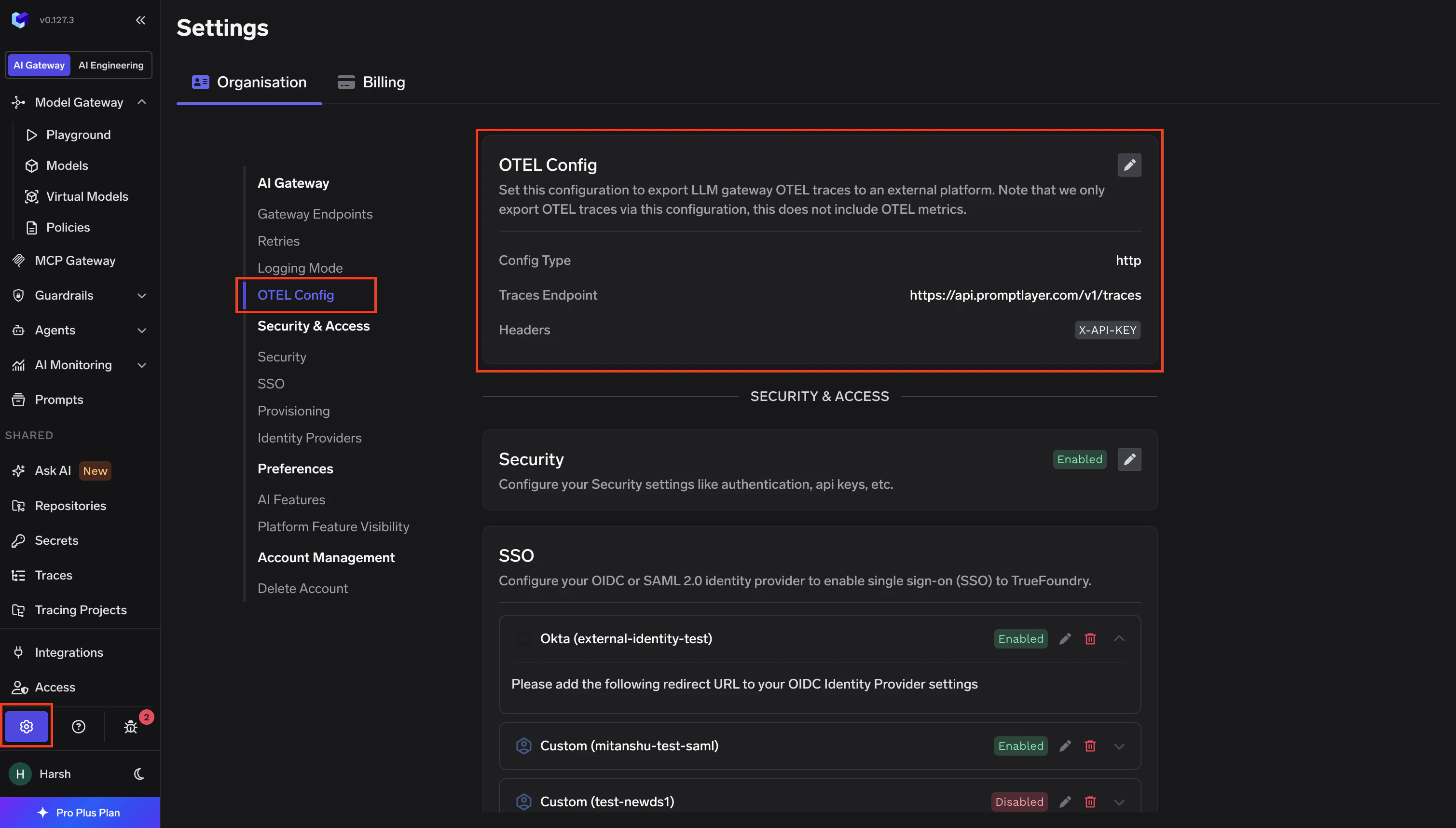 TrueFoundry AI Gateway Settings page showing the OTEL Config section with Traces Endpoint and Headers highlighted