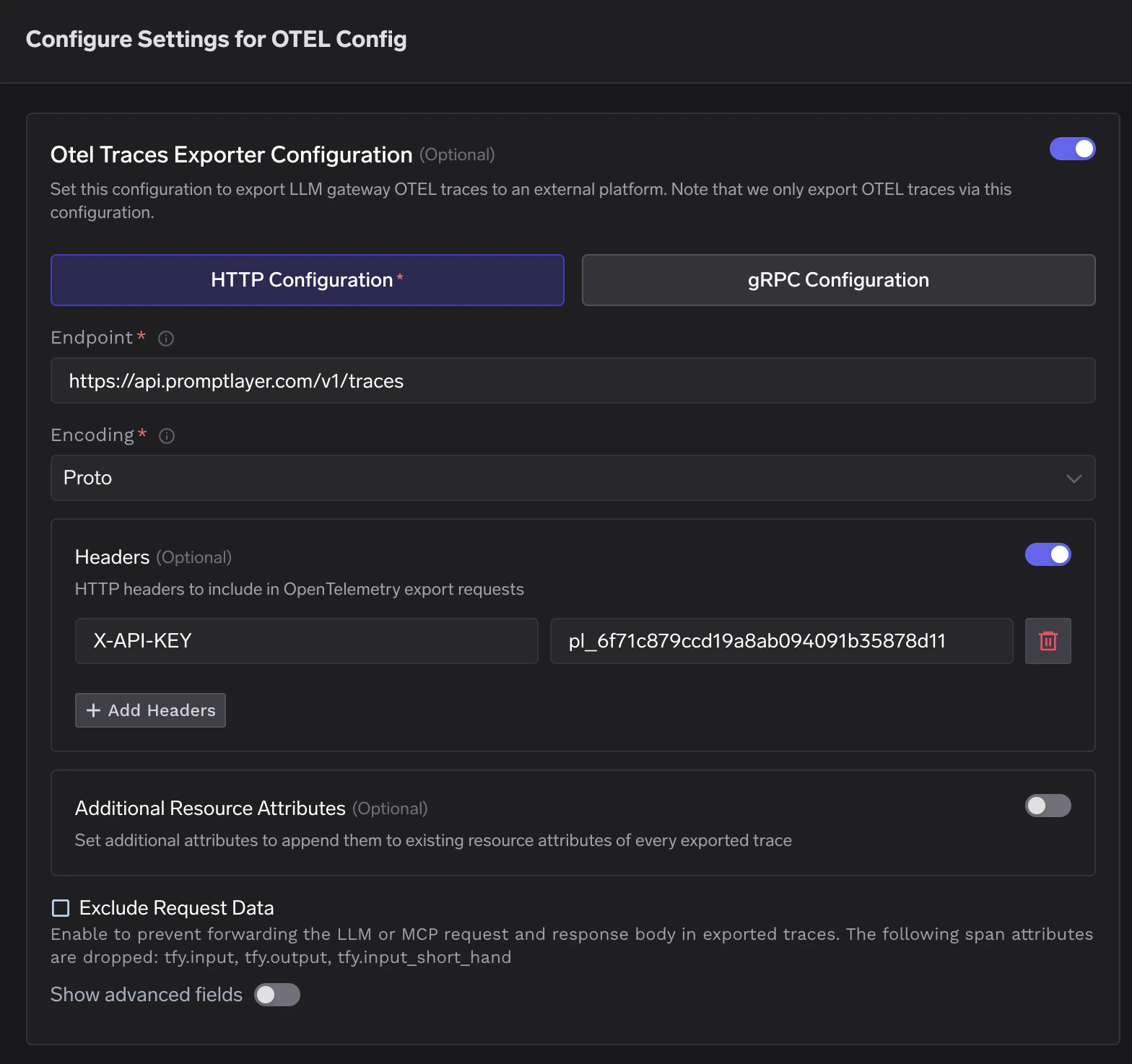 TrueFoundry Configure Settings for OTEL Config modal showing the Traces Exporter filled in with the PromptLayer endpoint and X-API-KEY header